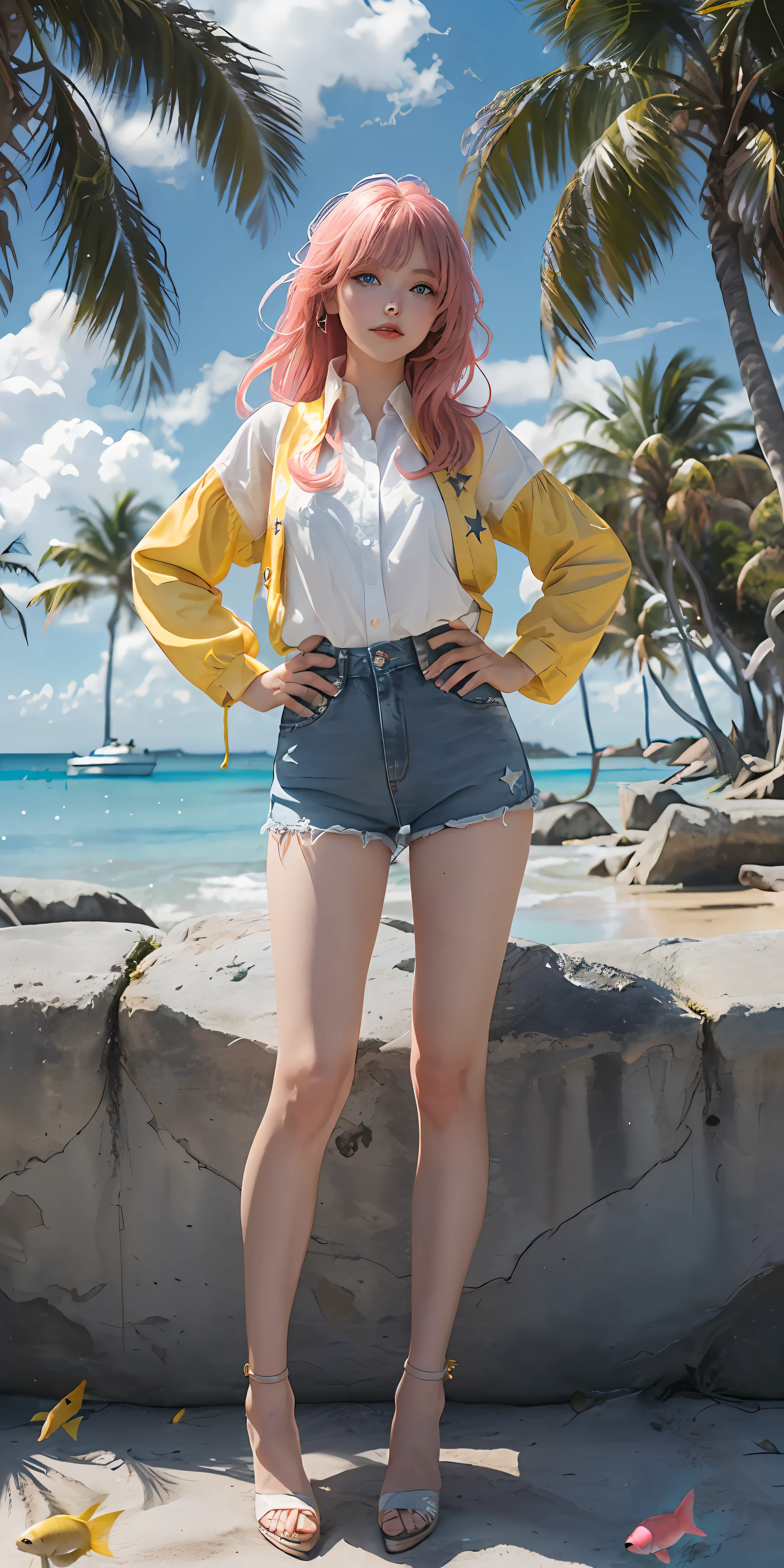 art by Cornflower, dreamy, (a beautiful girl, anime style girl, blue eyes, denim shorts, wearing light yellow, shiny, long sleeves, slender legs, high heels, long pink hair, white shirt, and yellow, star print, heart pose above, hands on hips, in front of the beach and bright blue sky, clouds above, palm trees in the background on both sides of the picture, and a lot of blue and yellow fish swimming around in the sea, And a police helicopter with lights flew over the girl's head)