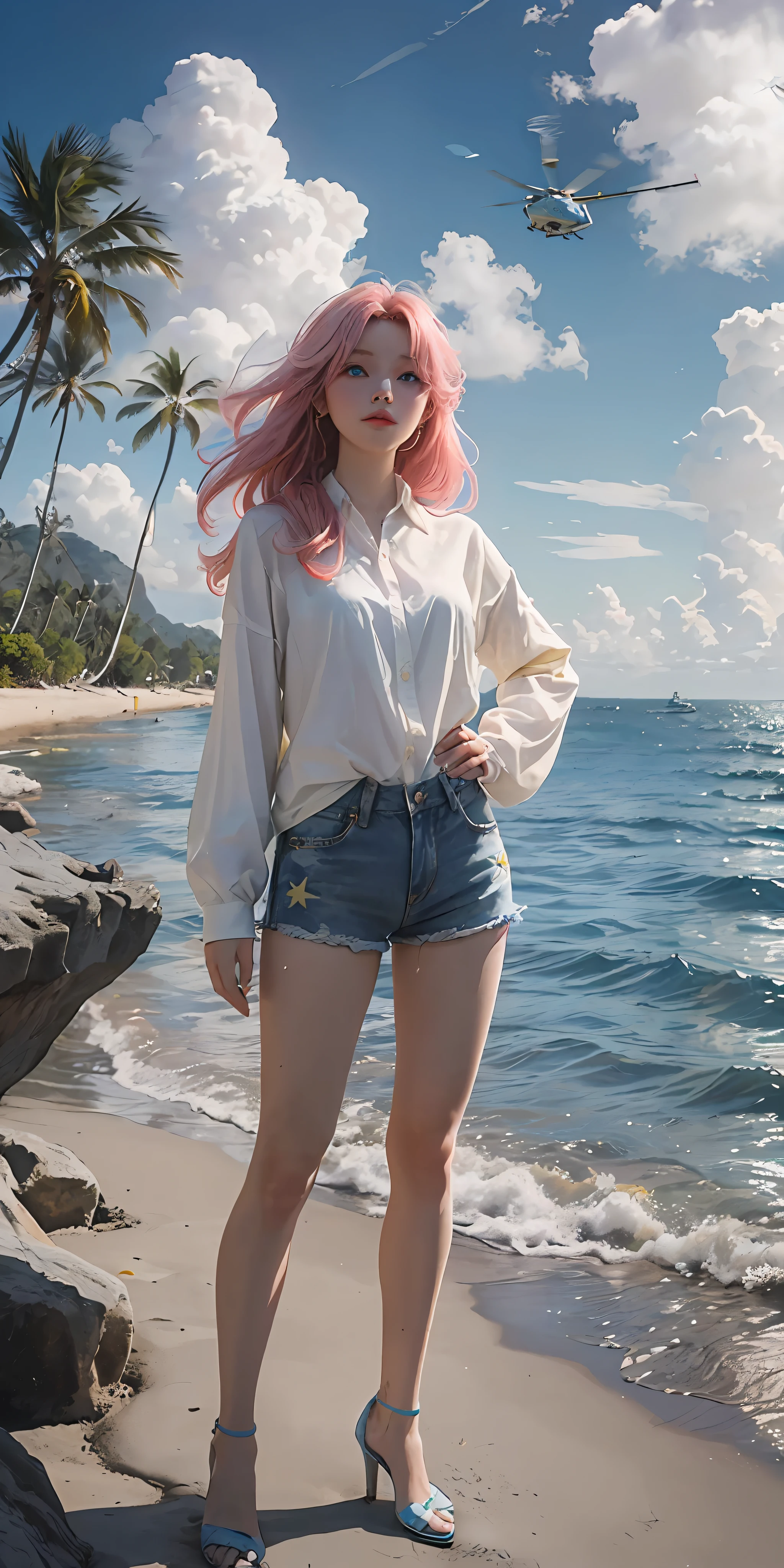 art by Cornflower, dreamy, (a beautiful girl, anime style girl, blue eyes, denim shorts, wearing light yellow, shiny, long sleeves, slender legs, high heels, long pink hair, white shirt, and yellow, star print, heart pose above, hands on hips, in front of the beach and bright blue sky, clouds above, palm trees in the background on both sides of the picture, and a lot of blue and yellow fish swimming around in the sea, And a police helicopter with lights flew over the girl's head)