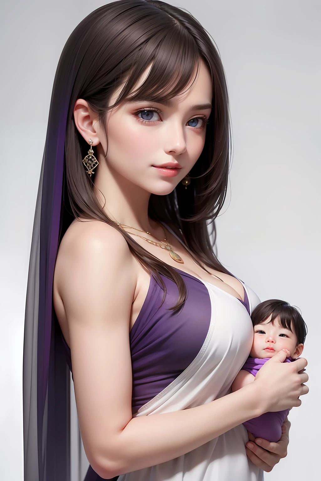 Woman purple shawl hair, standing upper body, white transparent background, blue eyes, white dress, calm color palette, peaceful mood, soft, charm spell, best quality, highly detailed, masterpiece, super detailed, (realism: 1.2), 1 girl, (white background), simple background, delicate eyes, purple eyes, hair_ornament, smile, mouth apart, purple straight hair, (realistic), 46 points oblique bangs, purple atmosphere, frontal light hitting the face, Do not cover the hair, complete the hair, the hair is clearly visible, the white face, the round face, the baby face, the purple love heart necklace,