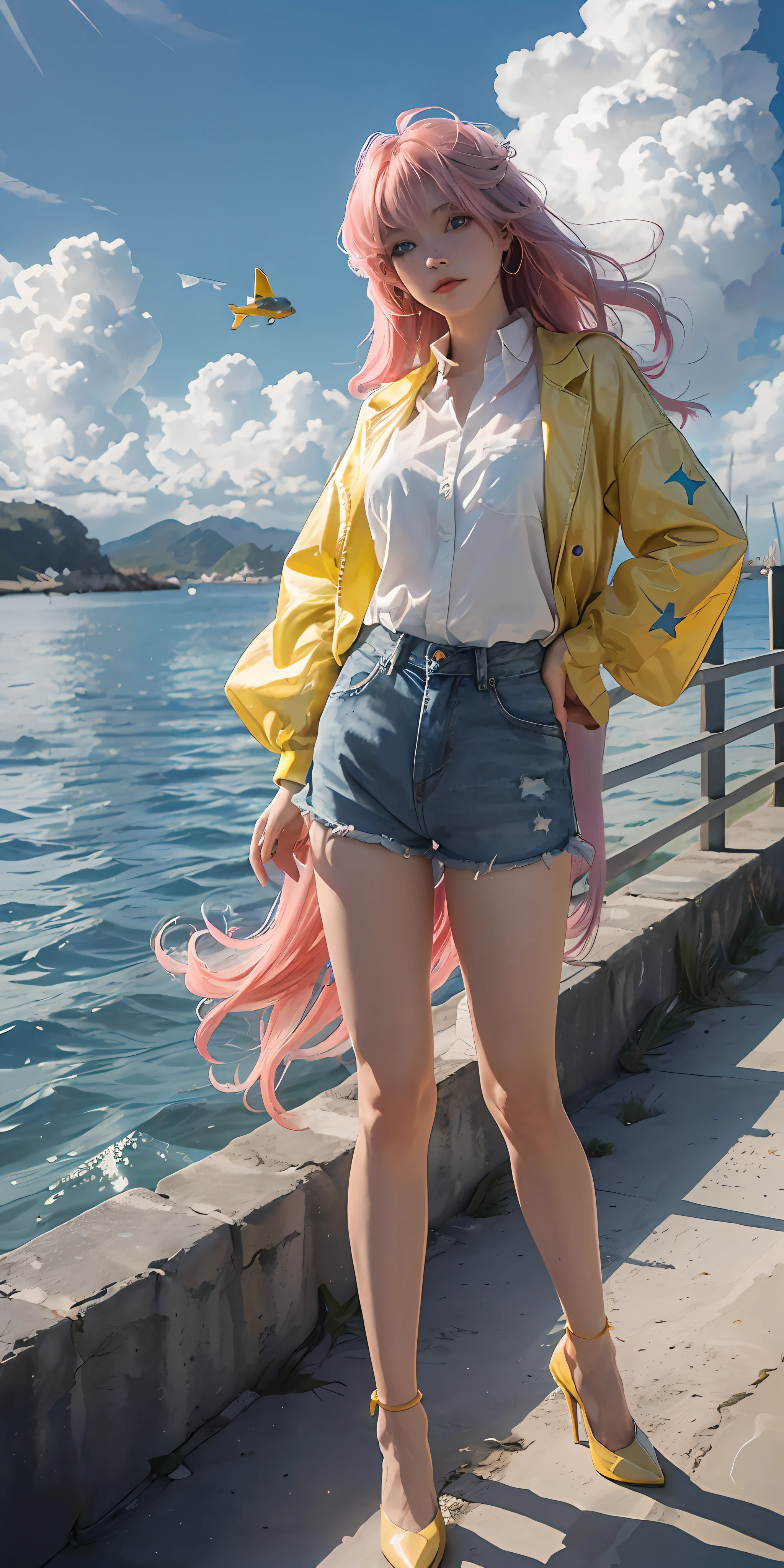 art by Cornflower, dreamy, (a beautiful girl, anime style girl, blue eyes, denim shorts, wearing light yellow, shiny, long sleeves, slender legs, high heels, long pink hair, white shirt, and yellow, star print, heart pose above, hands on hips, in front of the beach and bright blue sky, clouds above, palm trees in the background on both sides of the picture, and a lot of blue and yellow fish swimming around in the sea, And a police helicopter with lights flew over the girl's head)