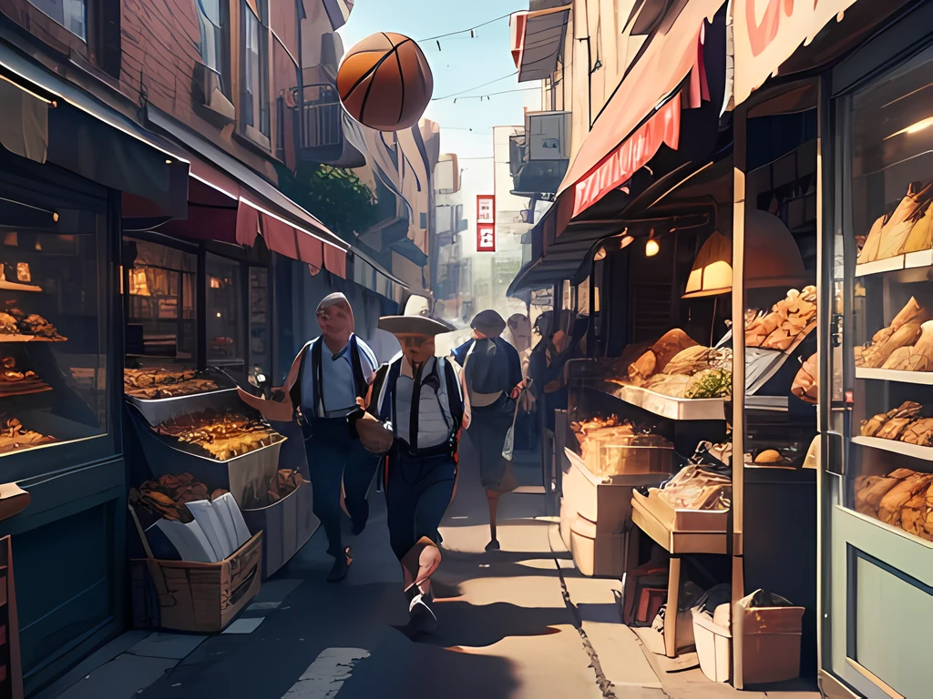 (A chicken, 1.2), Animal, wearing suspenders, basketball in hand, pot-bellied, street, people coming, vendors, highest quality, super detail, masterpiece, high resolution, (8k), (super detailed CG), octane rendering