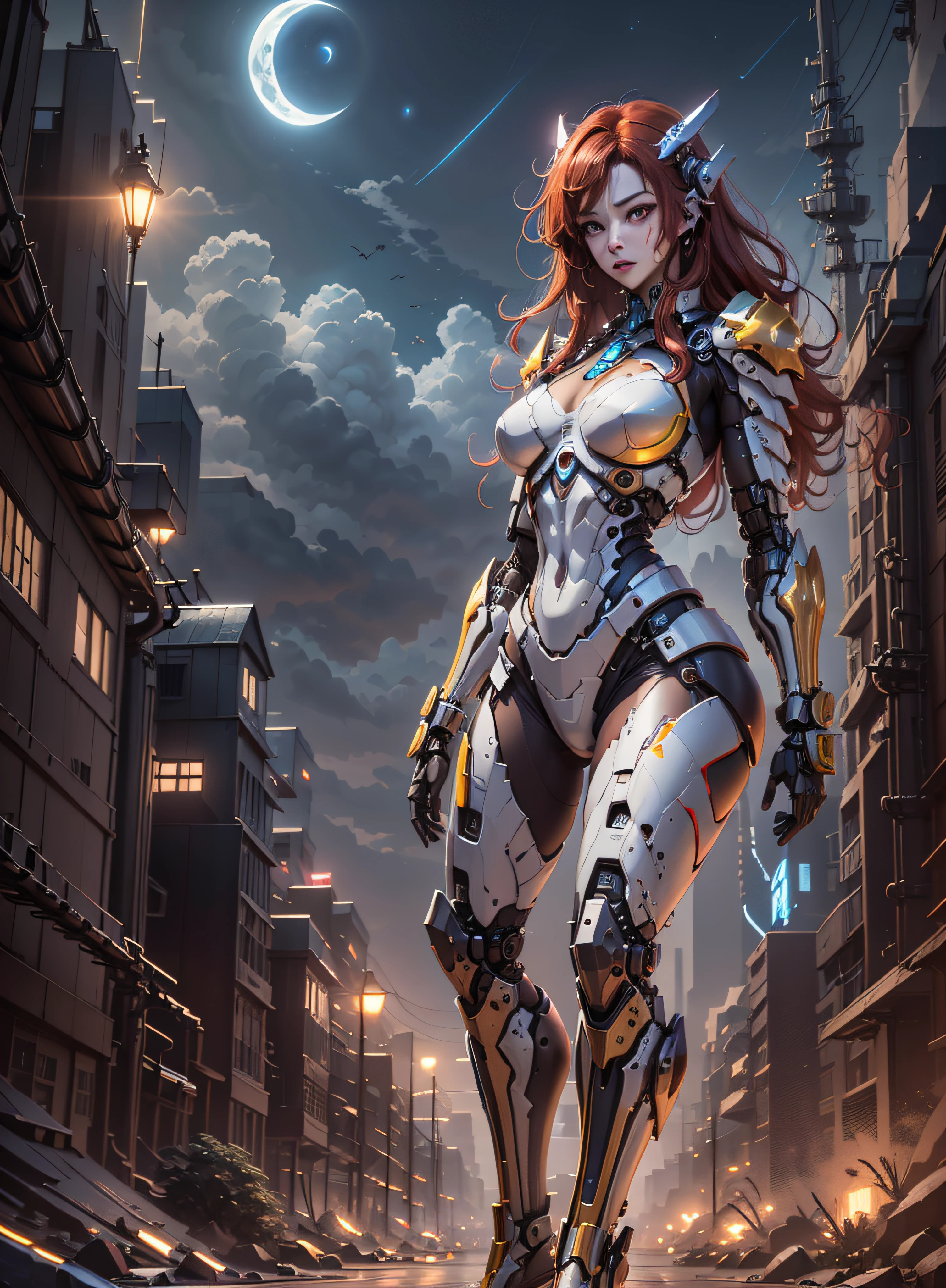 High definition (8k), Beautiful woman detailed defined body, red hair, full body sexy pose wearing conan the barbarian cosplay, medium breasts, blue uniform, metallic red, white, golden yellow high-tech, cyberpunk, futuristic, scenery with night sky with clouds, moon, giant tree trunks,