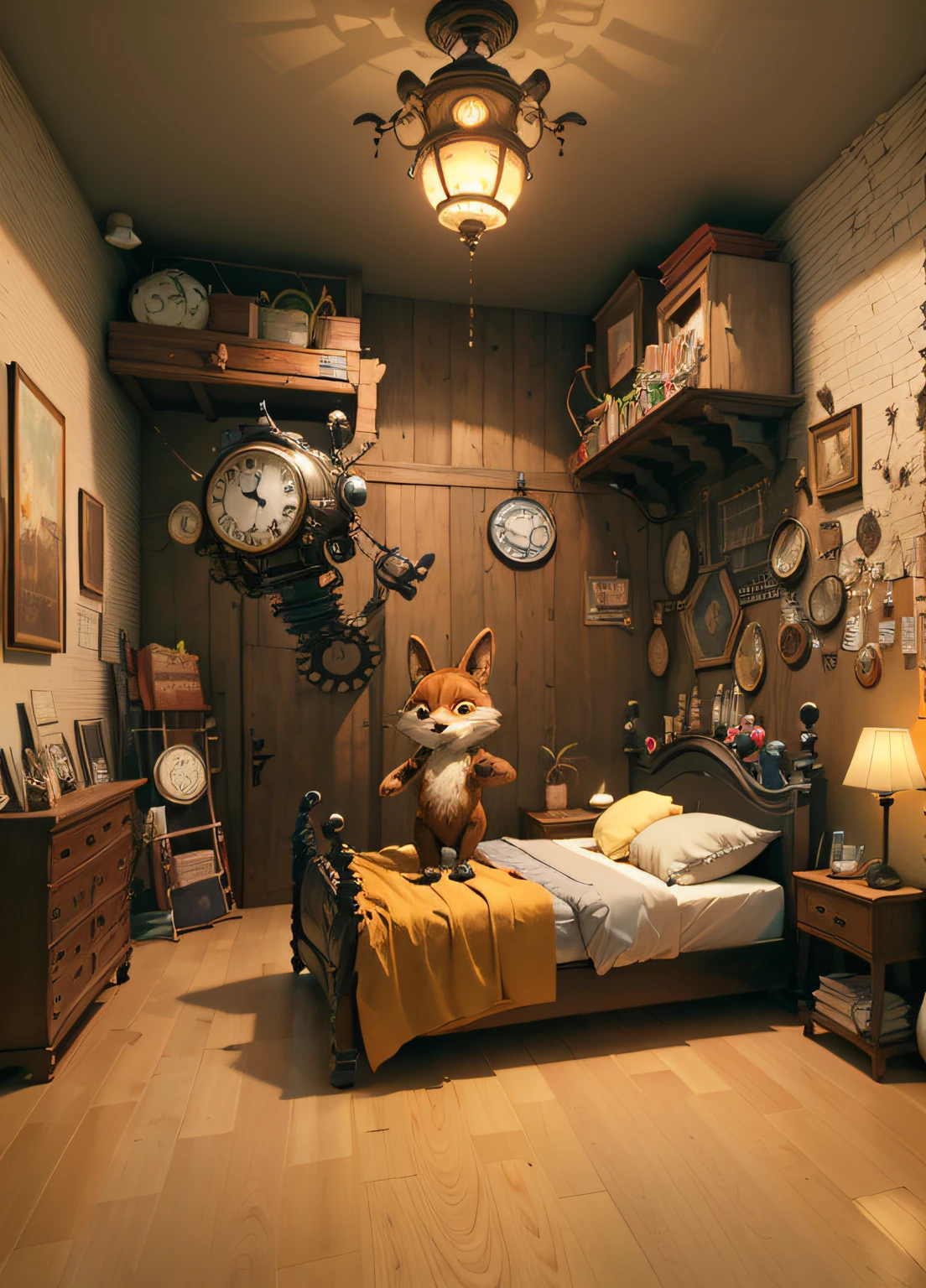 there is a bed with a wooden frame and a clock on the wall, bedroom in studio ghibli, steampunk living room, beautiful 3 d concept art, rolands zilvinskis 3d render art, zootopia concept art, steampunk concept art, high quality steampunk art, steampunk setting, cyberpunk childrens bedroom, steampunk design, post apocalyptic room interior, puzzle-like room