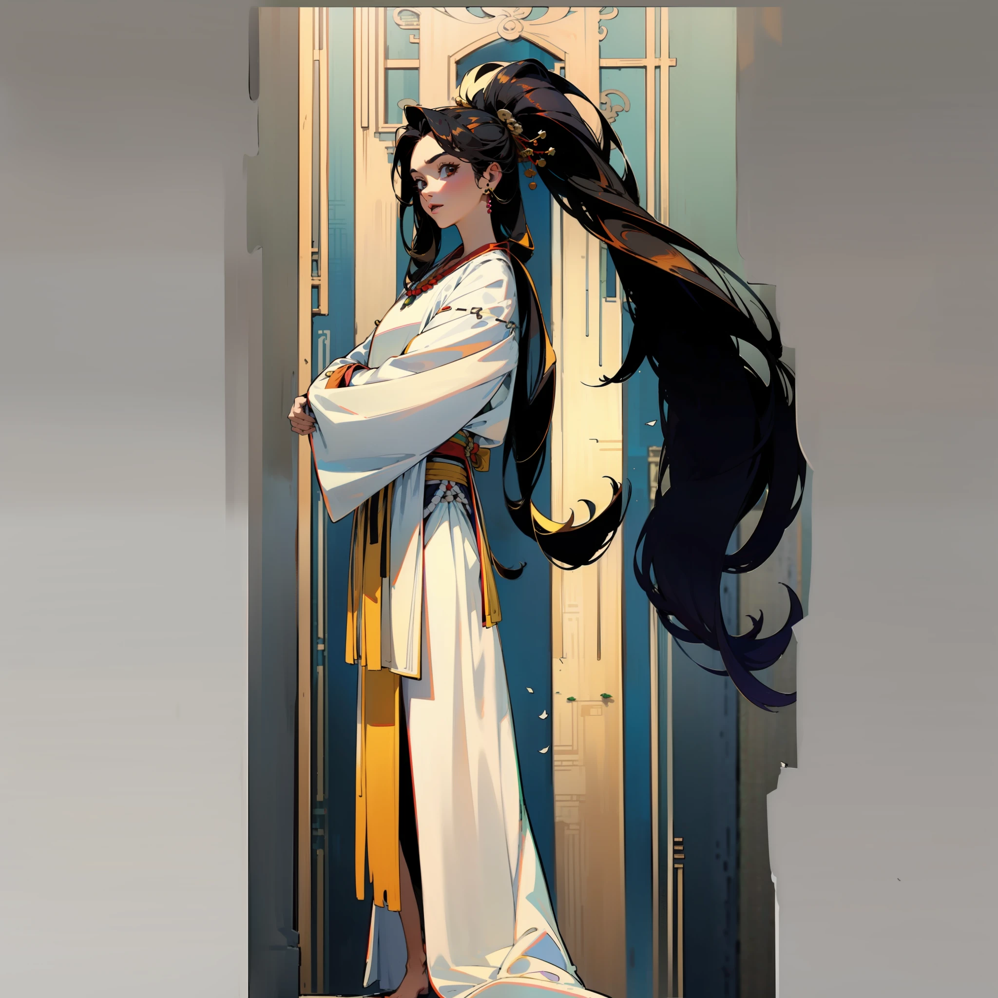 (character design sheet, same character, front, side, back), a girl, wearing hanfu, lotus leaf, best quality, master, (full body:1), highres, pretty face, hair accessories, (solo:1), looking at viewer, lips, dress, heal order, necklace, jewelry, (ridiculous long hair: 1.4), earrings, hanfu, architecture, East Asian architecture, hanfu, (authenticity:1.5), super high resolution, best quality, hair strands, behind arms, (expressive hair:1.4) ,perfect body proportions,