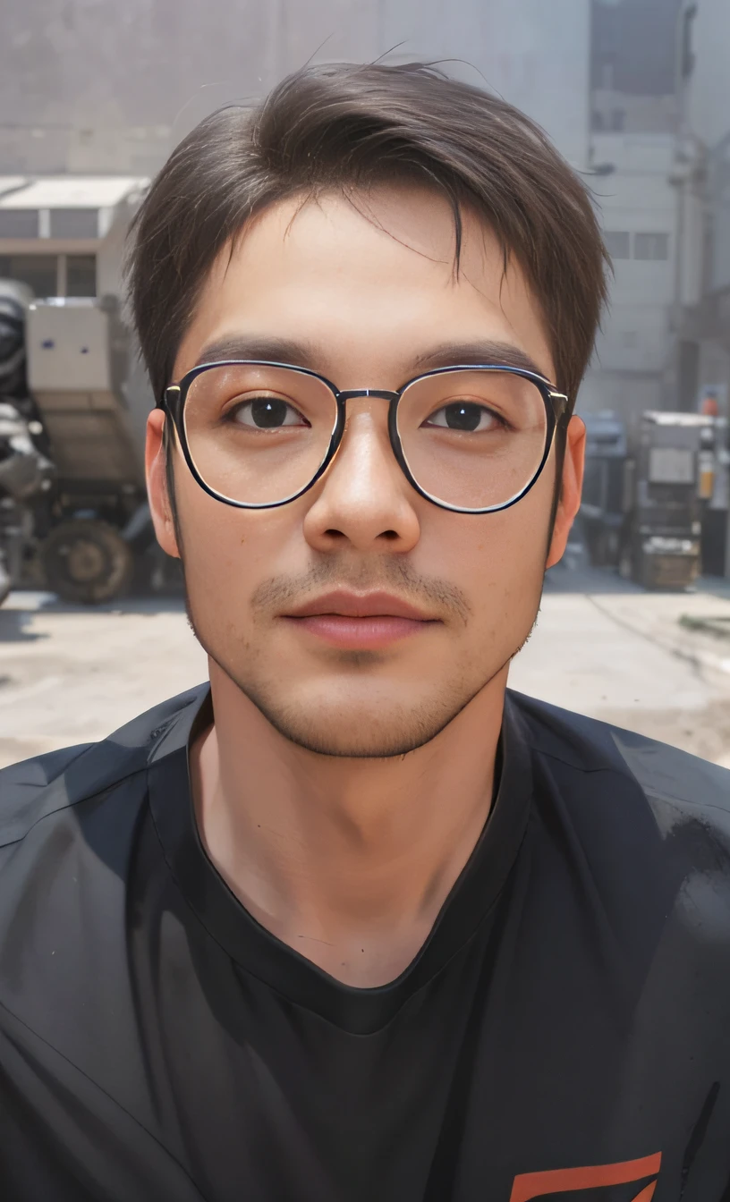 There is a man posing for a photo with glasses and a black shirt, 2 to 8 years old, avatar profile picture, professional profile picture, surrealism, ray tracing, realistic, ultra hd, high detail, 32k, best quality, textured skin, gundam mecha, flight, mecha ship, masterpiece, best quality, mecha, (black mech: 1.8), (axisymmetric: 1.4), (HDR), (movie light: 1.1), cool, science fiction, fire, universe, oversized shield, mecha man overlooking the background of earth, laser cannon beam, war, weapons in hand (with huge weapons: 1.5),