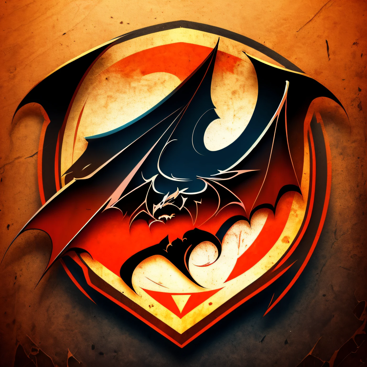 A cartoon-style shield logo with vibrant colors. It features a well-planned design with sophisticated features and defined contours. Strong texture and frontal perspective character: create a logo on top of this image with darker shades (add the drawing of a bat in the middle and the name Holding the Hawks)