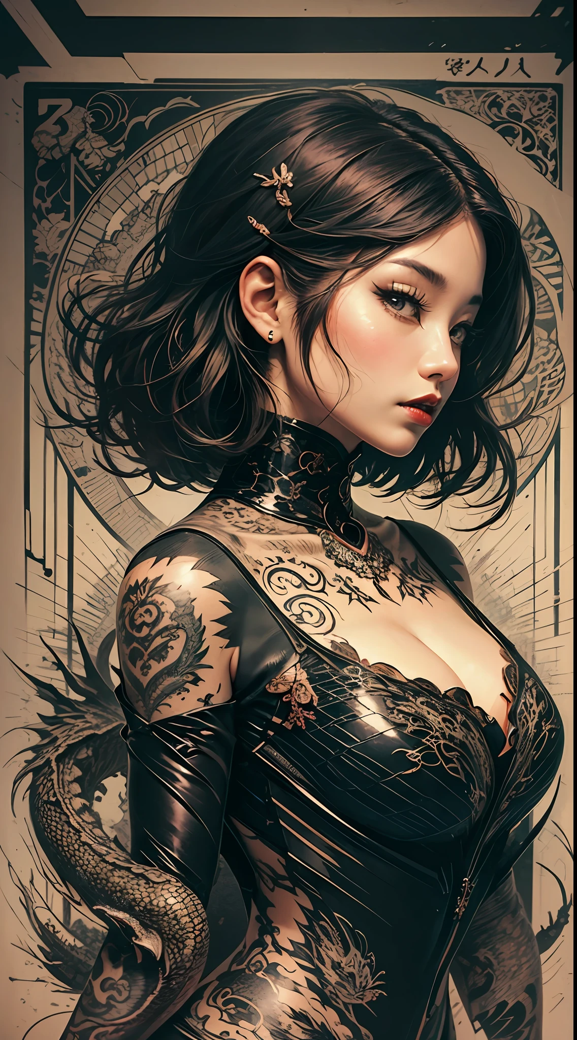 japanese woman on her back taking off social blouse,back tattooed,yakusa,japanese mafia,short messy hair,dragon tattoo,black hair,red lipstick,dark makeup,hand drawn,art nouveau