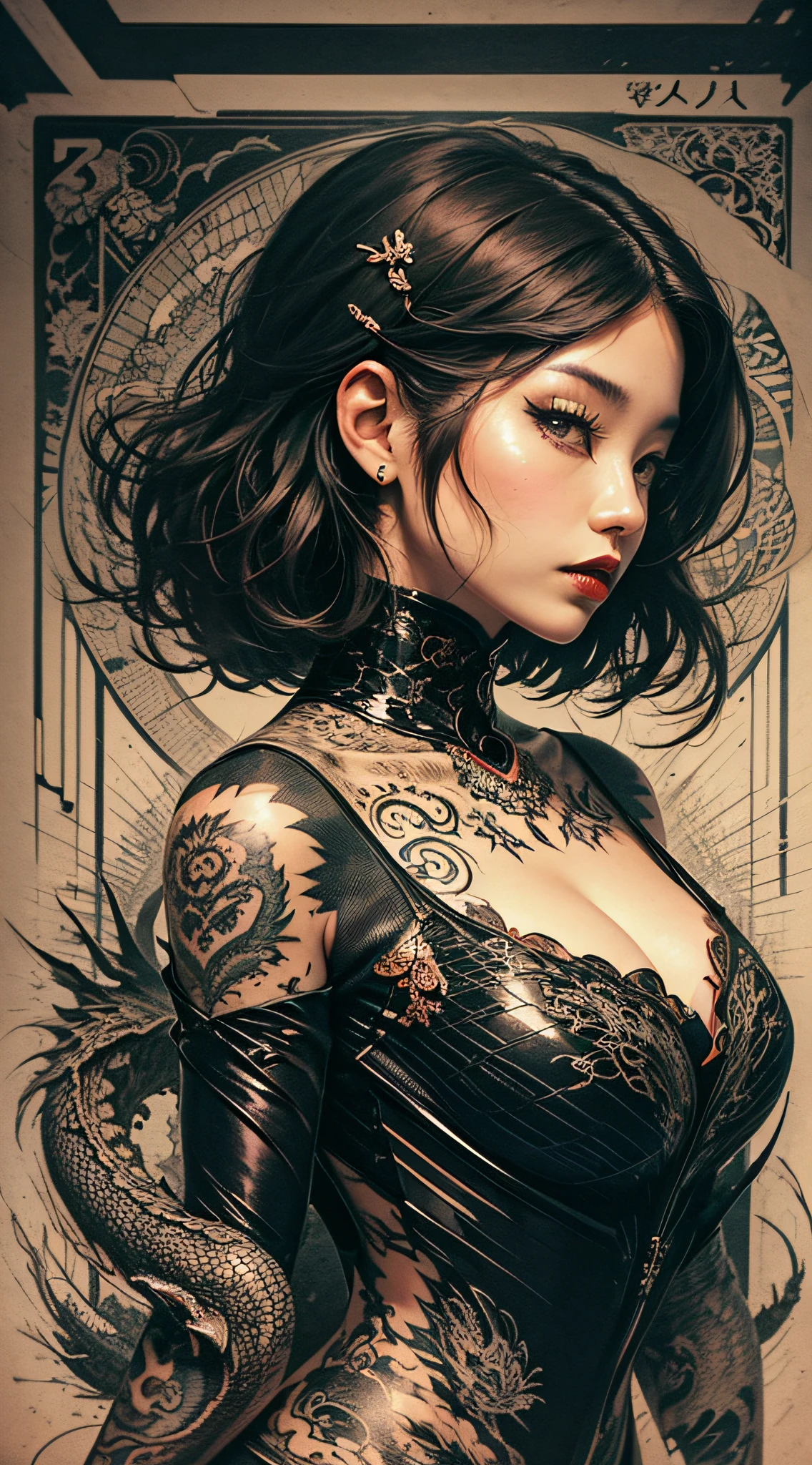 japanese woman on her back taking off social blouse,back tattooed,yakusa,japanese mafia,short messy hair,dragon tattoo,black hair,red lipstick,dark makeup,hand drawn,art nouveau