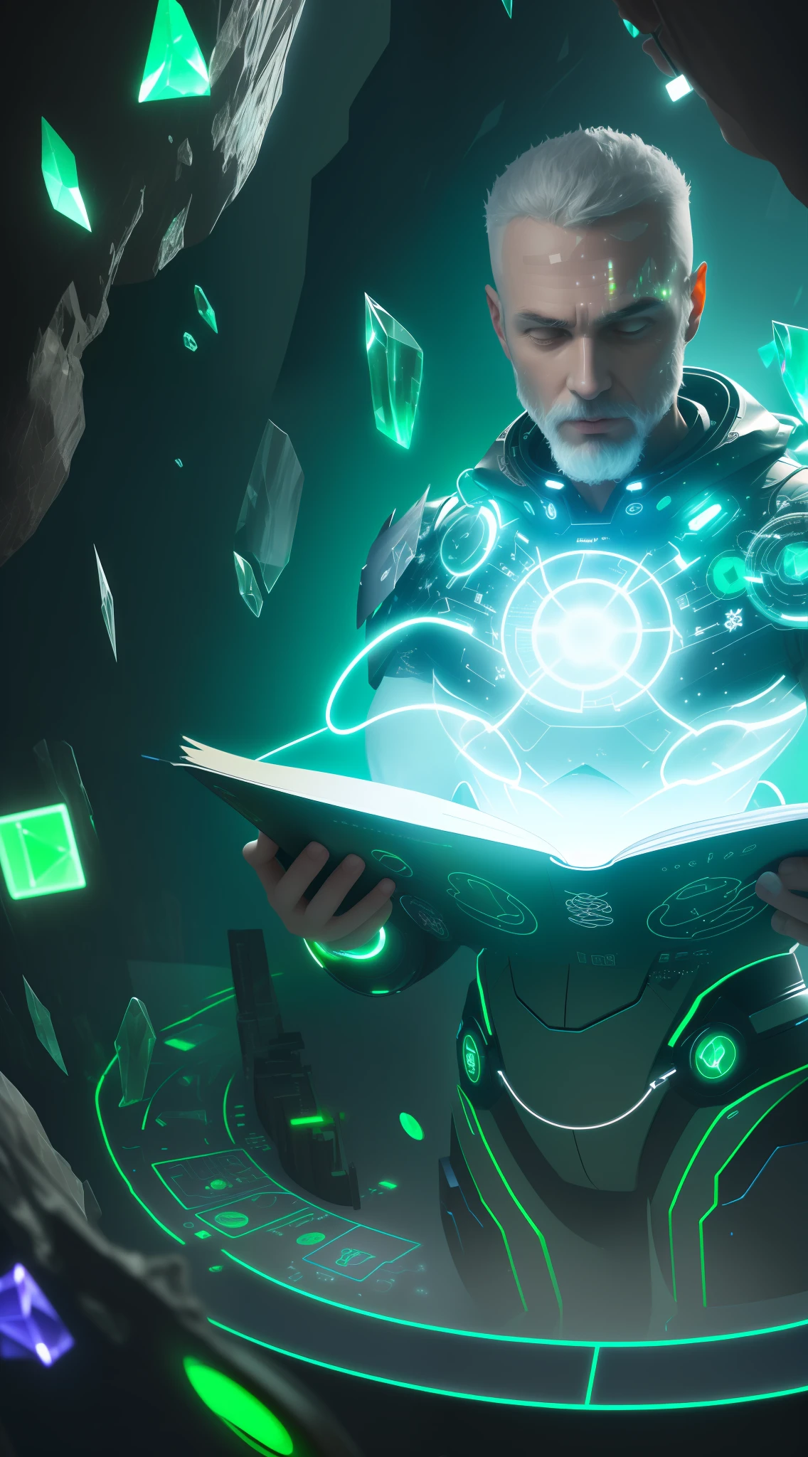 (A technological table with crystals and a high-fidelity holographic digital brain, with complex connections, emitting green lights and floating codes, symmetrical and highly realistic:1.2).