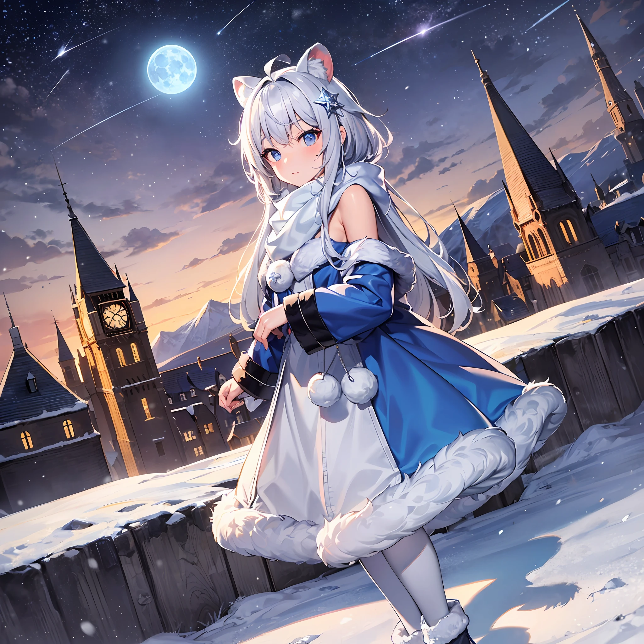 landscape, (glacier:1.3), vibrant nebula sky, 北极光night sky, (blue moon:1.1), (shooting star:1.1), (in winter:1.25), megastructure, castle, milf, (solo:1.2), raccoon girl, full body, (panorama:1.2), (gradient hair, [white hair:light blue hair:0.7]:1.2), heart ahoge, bear ears, snowflake hair ornament, (blue eyes:1.15), eyelashes, gradient eyes, (glint:1.3), (fur-trimmed dress:1.2), (fur-trimmed legwear:1.2), (boots:1.15), scarf, marshmallow, feather
