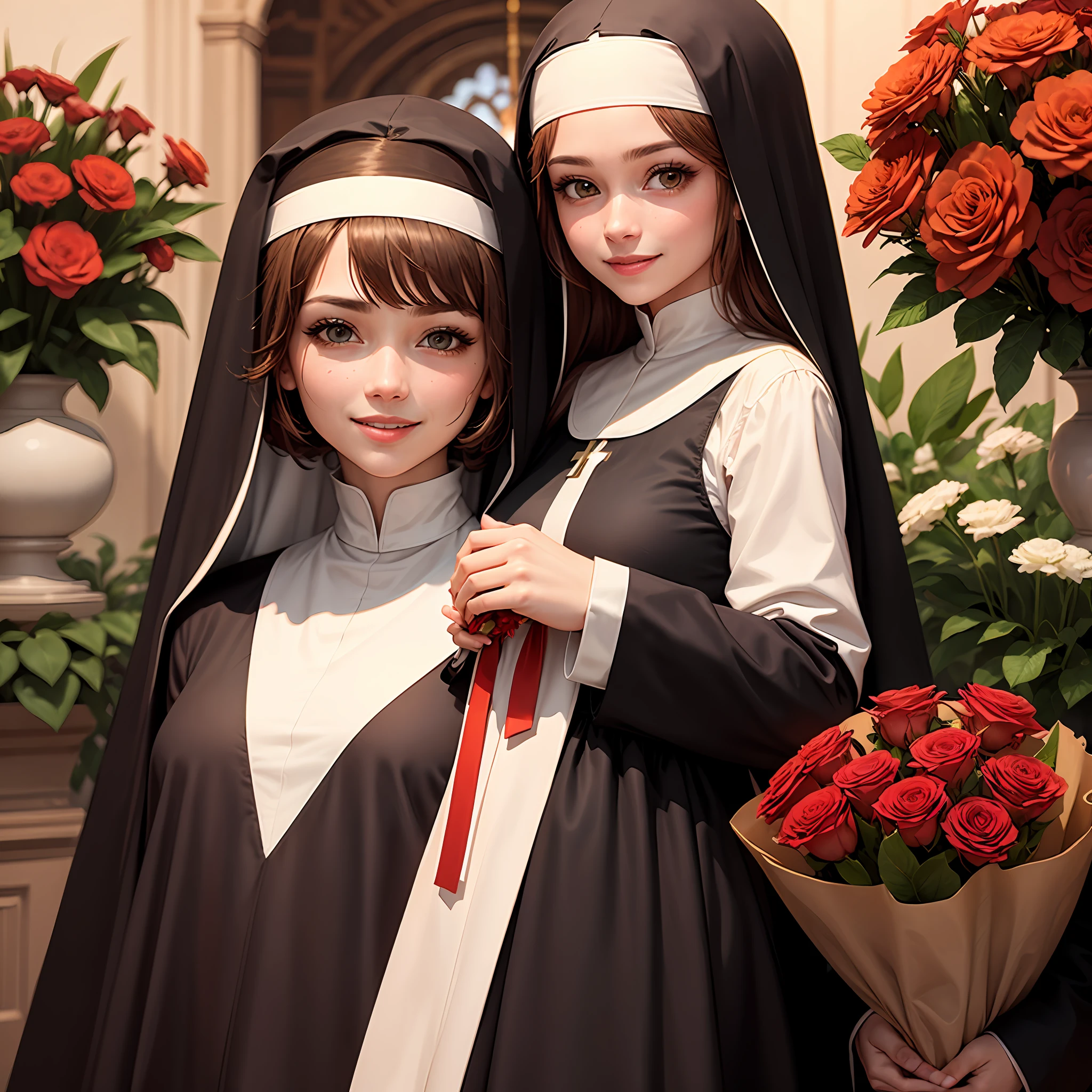 Woman,unmarked,with smile on face,brown hair,brown colored eyes,bouquet of flowers in hand of red color,nun's clothing,cross in hand of brown color --auto