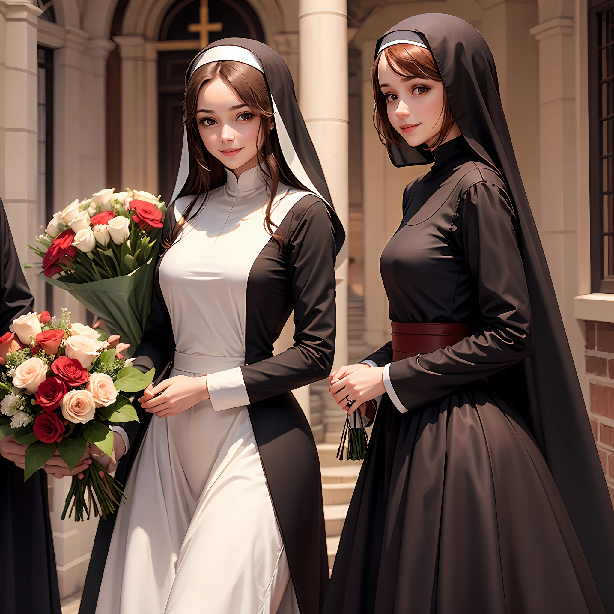 Woman,unmarked,with smile on face,brown hair,brown colored eyes,bouquet of flowers in hand of red color,nun's clothing,cross in hand of brown color --auto