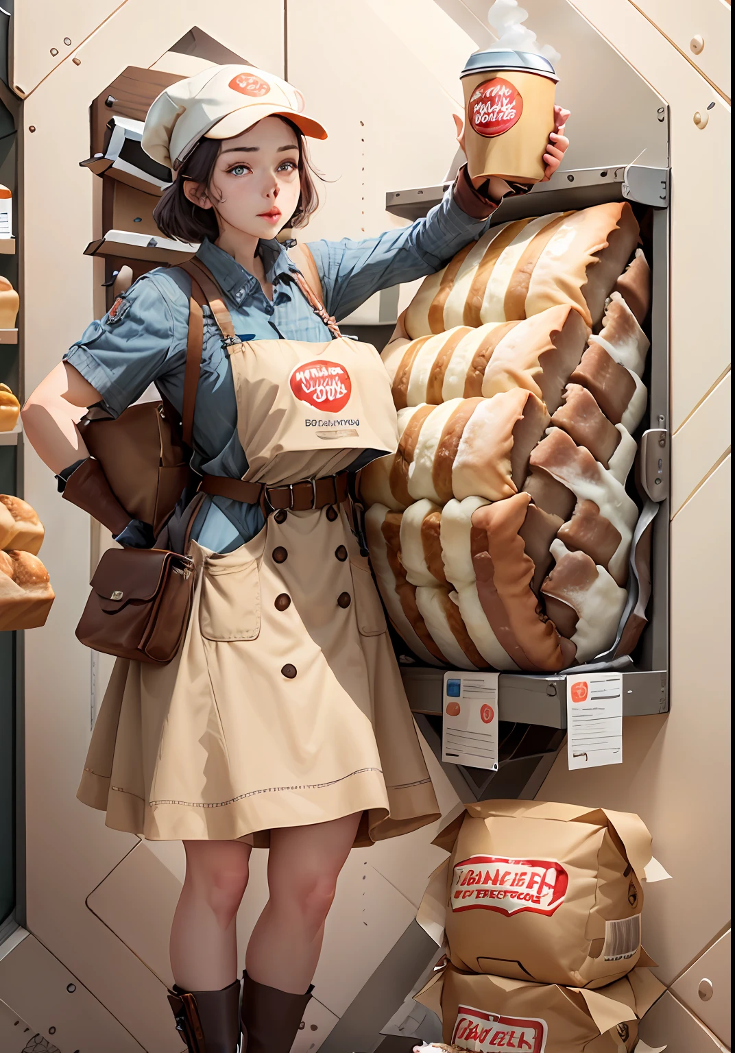 A close-up of a girl holding a loaf, advertisement, bread brand ad, girl as a certain baker, ƒ/8, ƒ/8, c 4d", celebrating bread products, 8 hours, advertising image, 8k octane advertising photo, 8, bread, bread art, advertising campaign, vintage advertising