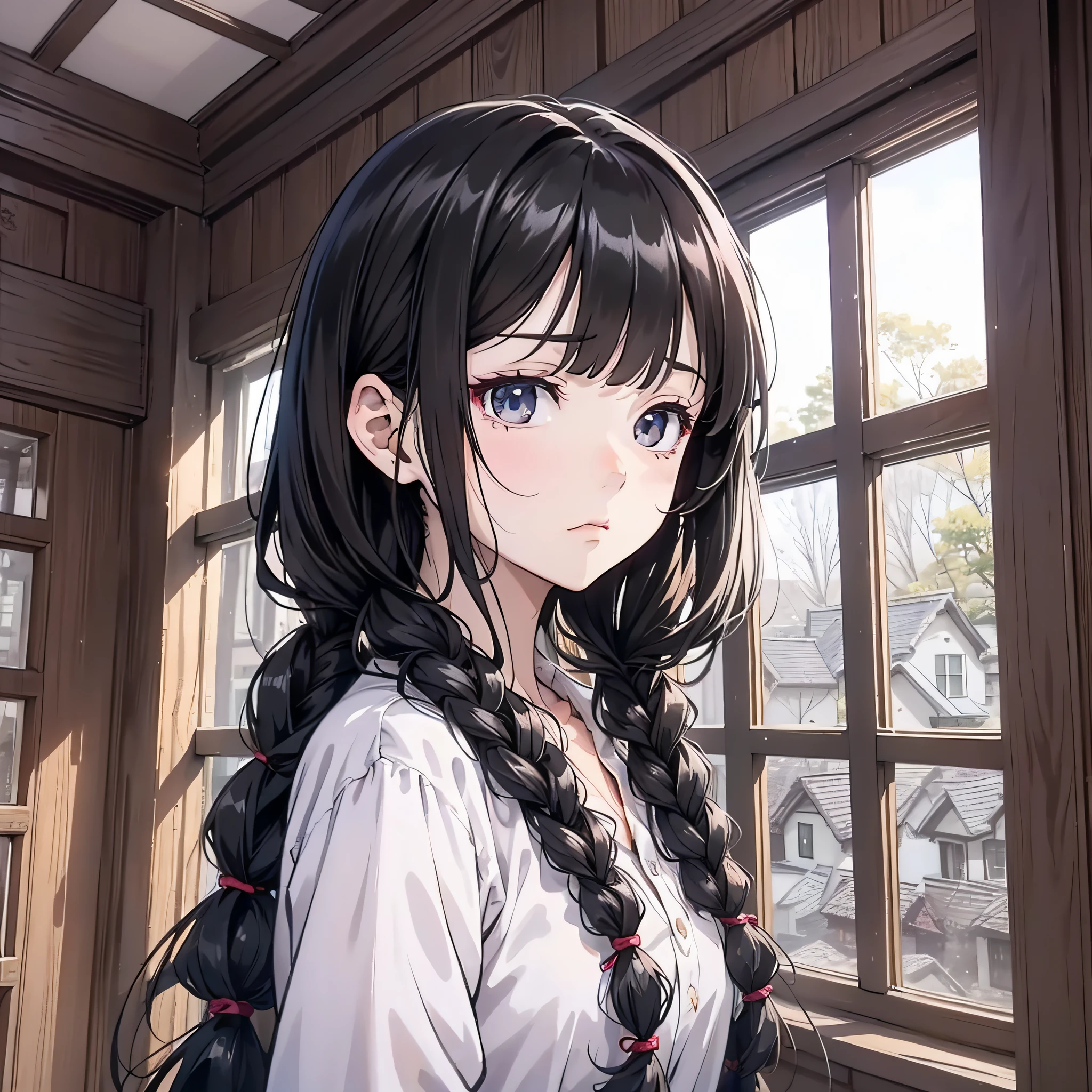 A woman in a white shirt with long black braided hair stands in front of the window in the village house (twist braid 1.5) (fear expression 1.5) (mouth open 1.3) (frown 1.2) (upper body display 1.5) (background is night village house 1.5) (girl 1.8) (cinematic light 1.5) (master masterpiece: 1.4), hyperdetail, anime style 4 K, anime rendering, anime style. 8k,