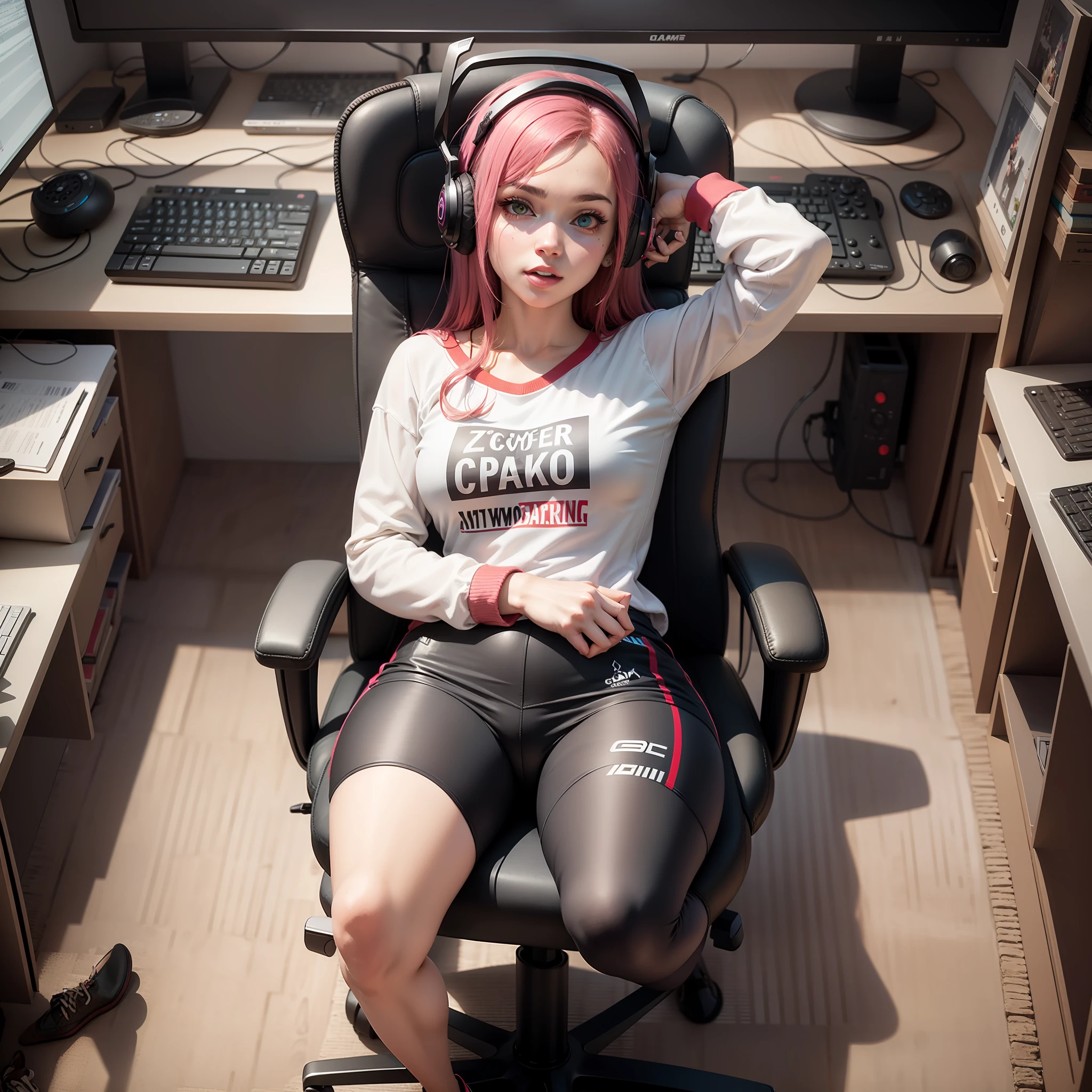 Woman, gamer, in gamer chair, legs spread