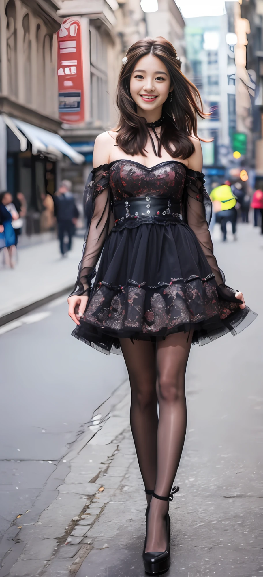 ((Best quality, 8k, Masterpiece :1.3)), 1girl, smiling, full body, slim face, Pretty woman, (Dark brown hair), full length dress :1.1, Ultra-detailed face, Detailed eyes, Double eyelid, blur background, slim face, city, outside, street,