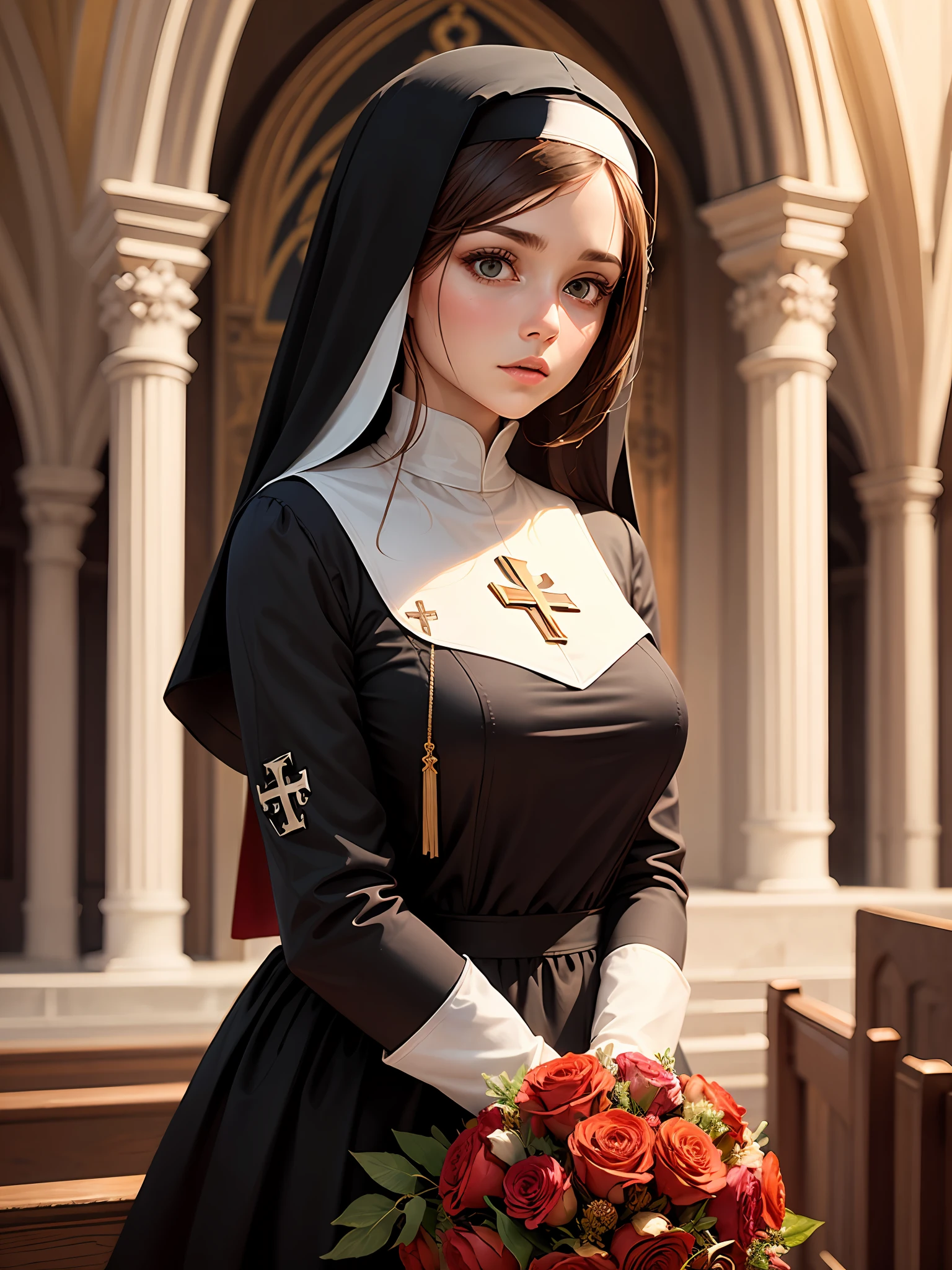 Woman,unmarked,brown hair,brown colored eyes,bouquet of flowers in hand of red color,nun's clothing,cross in hand of brown color,background of a church --auto