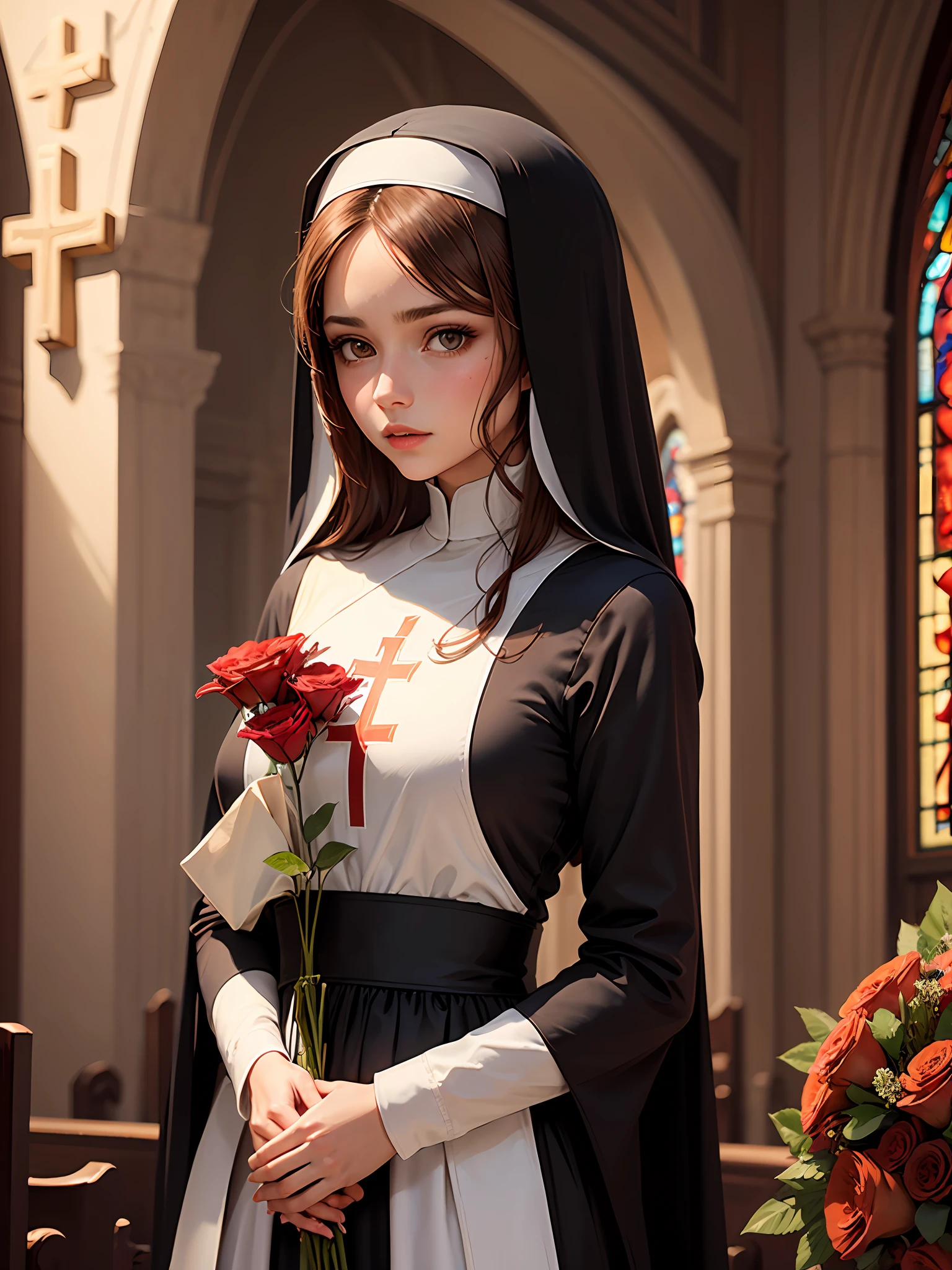 Woman,unmarked,brown hair,brown colored eyes,bouquet of flowers in hand of red color,nun's clothing,cross in hand of brown color,background of a church --auto