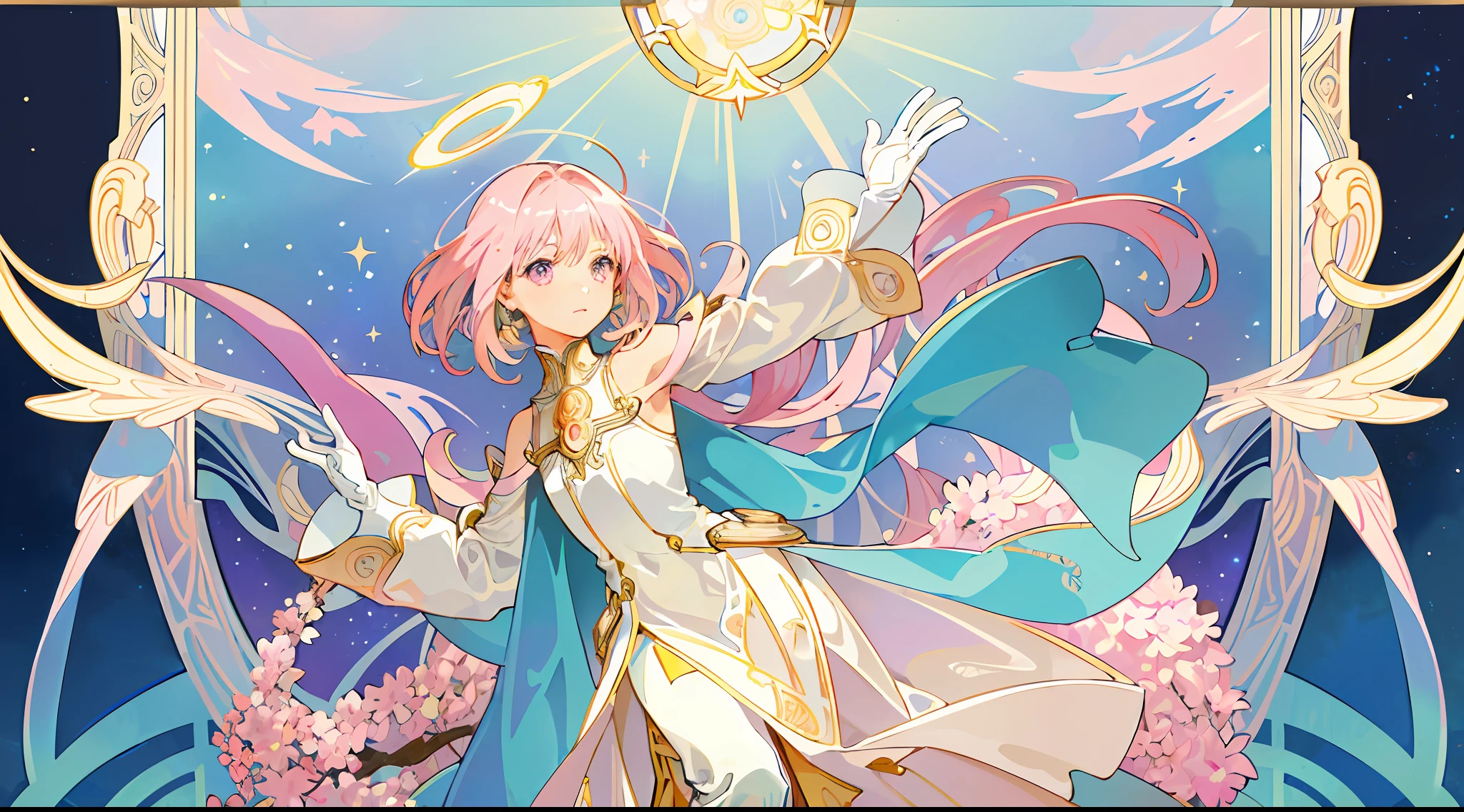 ((masterpiece,best quality)),(1girl, solo:1.4),beautiful detailed eyes, vivid, cinematic light, full_body, pink_flowers, (tarot_card), intricate, detailed background, looking_at_viewer, Madoka Kaname, hands reaching out, (flat chest), (walking), casual pose, posing, (white_gloves), (pink_eyes), white feathers, sparkles, glitter, celestial, outerspace, by alphonse mucha, (gold frame), halo, (tarot border)