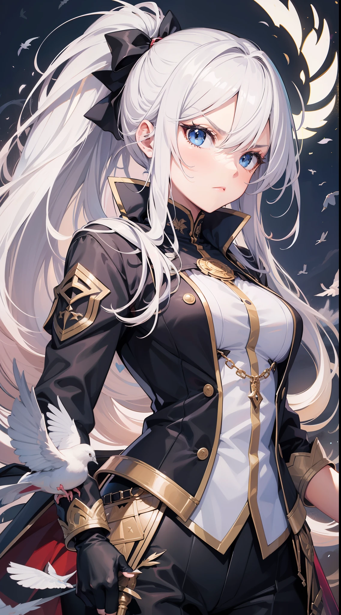 Adult girl, long white hair, high ponytail, blue eyes, angry, dove general's clothes, black trousers, spear, masterpiece, high quality