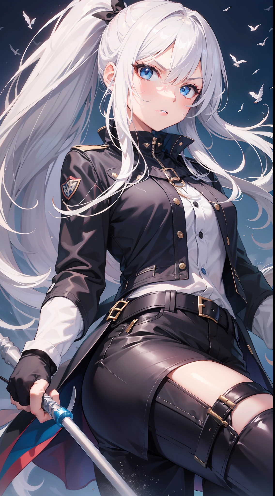 Adult girl, long white hair, high ponytail, blue eyes, angry, dove general's clothes, black trousers, spear, masterpiece, high quality