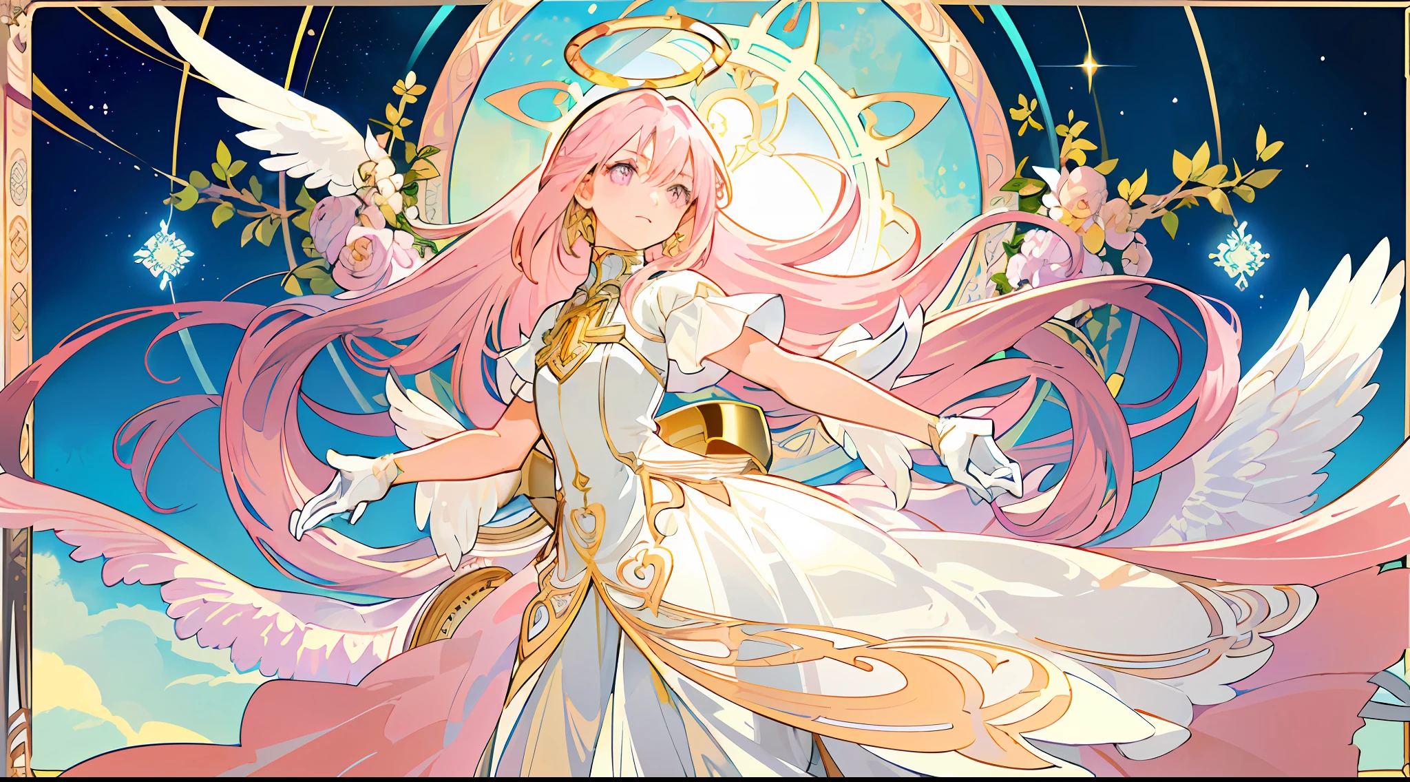 ((masterpiece,best quality)),(1girl, solo:1.4),beautiful detailed eyes, vivid, cinematic light, full_body, pink_flowers, (tarot_card), intricate, detailed background, looking_at_viewer, Madoka Kaname, hands reaching out, (flat chest), (walking), casual pose, posing, (white_gloves), (pink_eyes), white feathers, sparkles, glitter, celestial, outerspace, by alphonse mucha, (gold frame), halo, (tarot border)