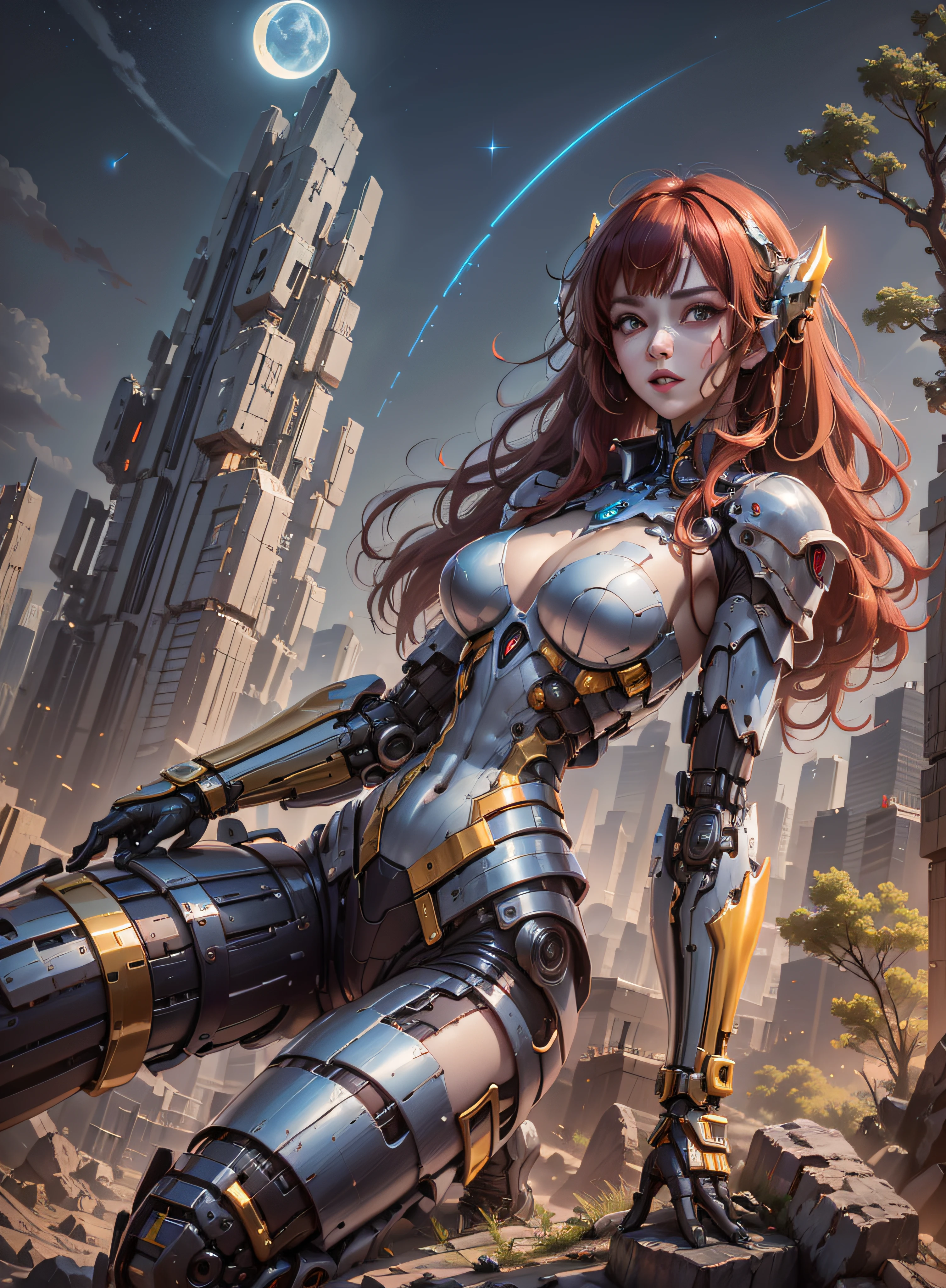 High definition (8k), Beautiful woman detailed defined body, red hair, full body sexy pose wearing conan the barbarian cosplay, medium breasts, blue uniform, metallic red, white, golden yellow high-tech, cyberpunk, futuristic, scenery with night sky with clouds, moon, giant tree trunks,