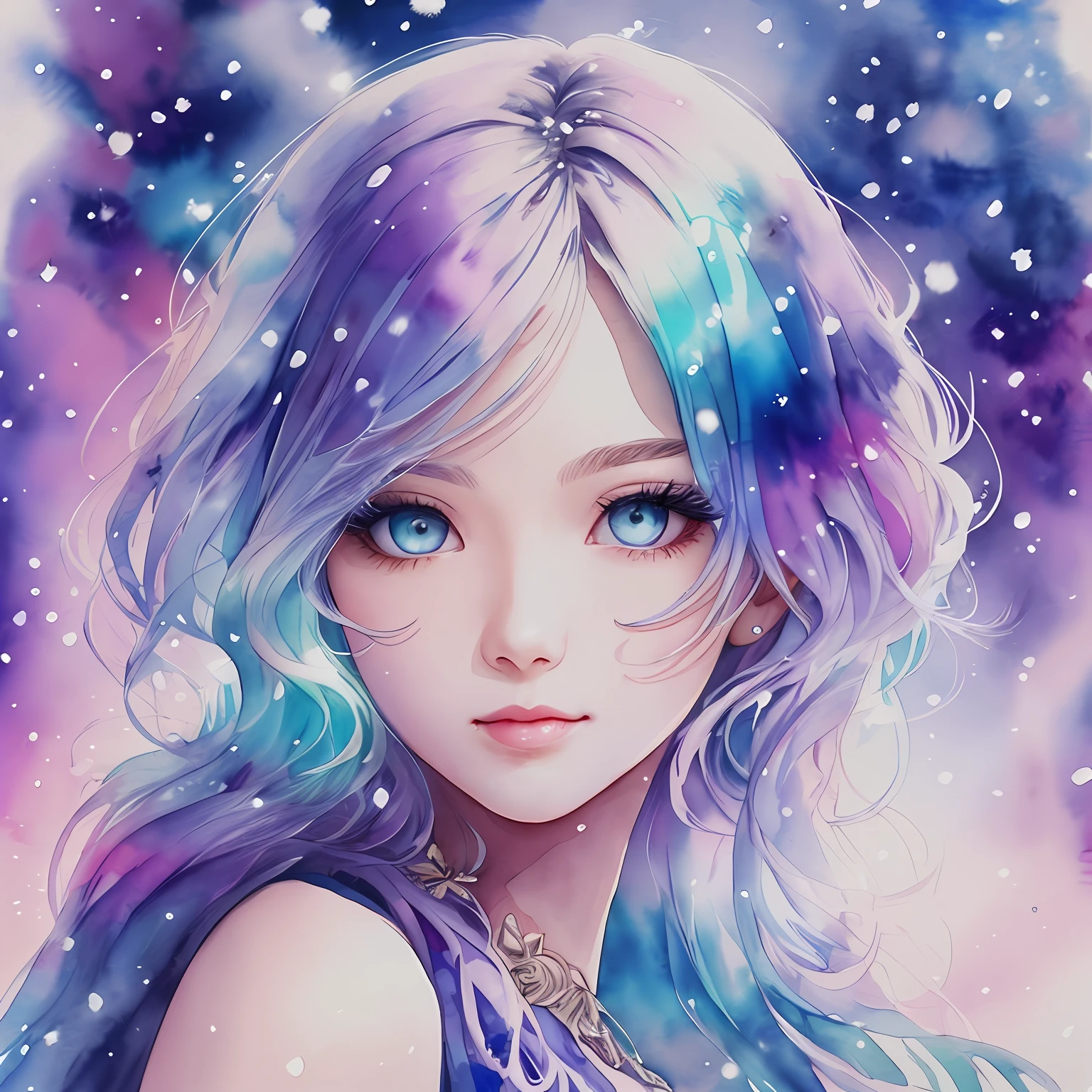 (Best Quality), (Masterpiece: 1.2), (Colorful: 0.9), (Ink Splash), (Color Splash), (Watercolor)), Sharp Focus, (Portrait Summer Goddess: 1.5), Cute Look, Elegant Blue-Violet Haircut, Beautiful Detailed Face and Eyes, Elegant Clothes, Winter Snow Background, Colored Water