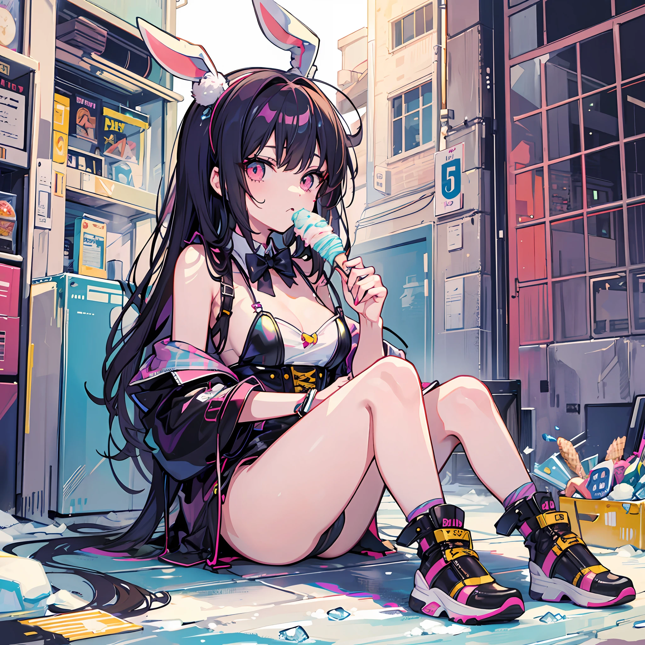 Rabbit-eared girl eating ice cream whole body