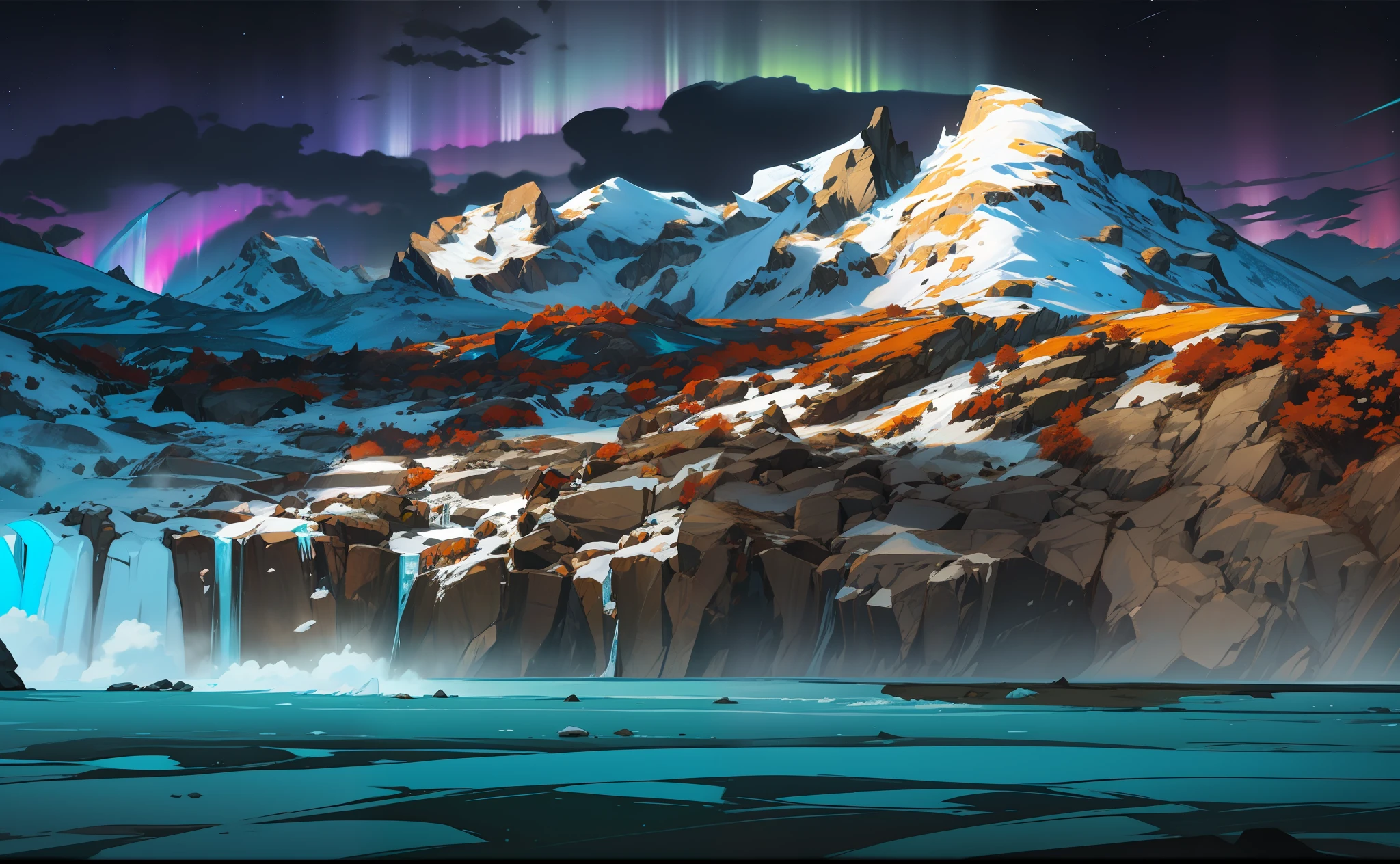 Ice age, starry sky, Northern Lights hanging in the sky, tall icebergs and thick glaciers, crashing waves