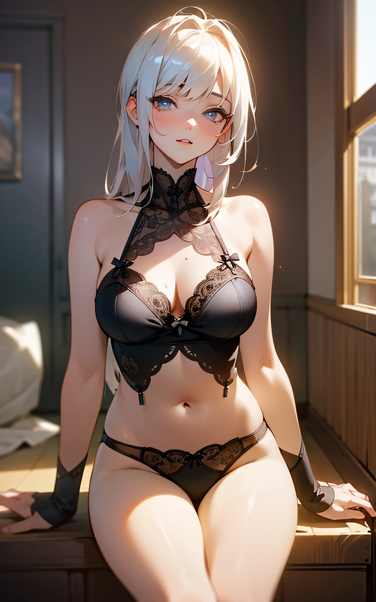(Original Character、Unity 16K Wallpaper, Masterpiece, Best Quality, Ultra-Detailed, Extremely Detailed CG, Caustics, Cinematic Lighting, Detailed, Beautiful Detailed Eyes, solo,cute women), Ultra High Resolution, fine skin, (underwear:1.2), (strong light)、oily skin,curby:1.2,,cowboy shot,changing room,sexy,m legs、sitting