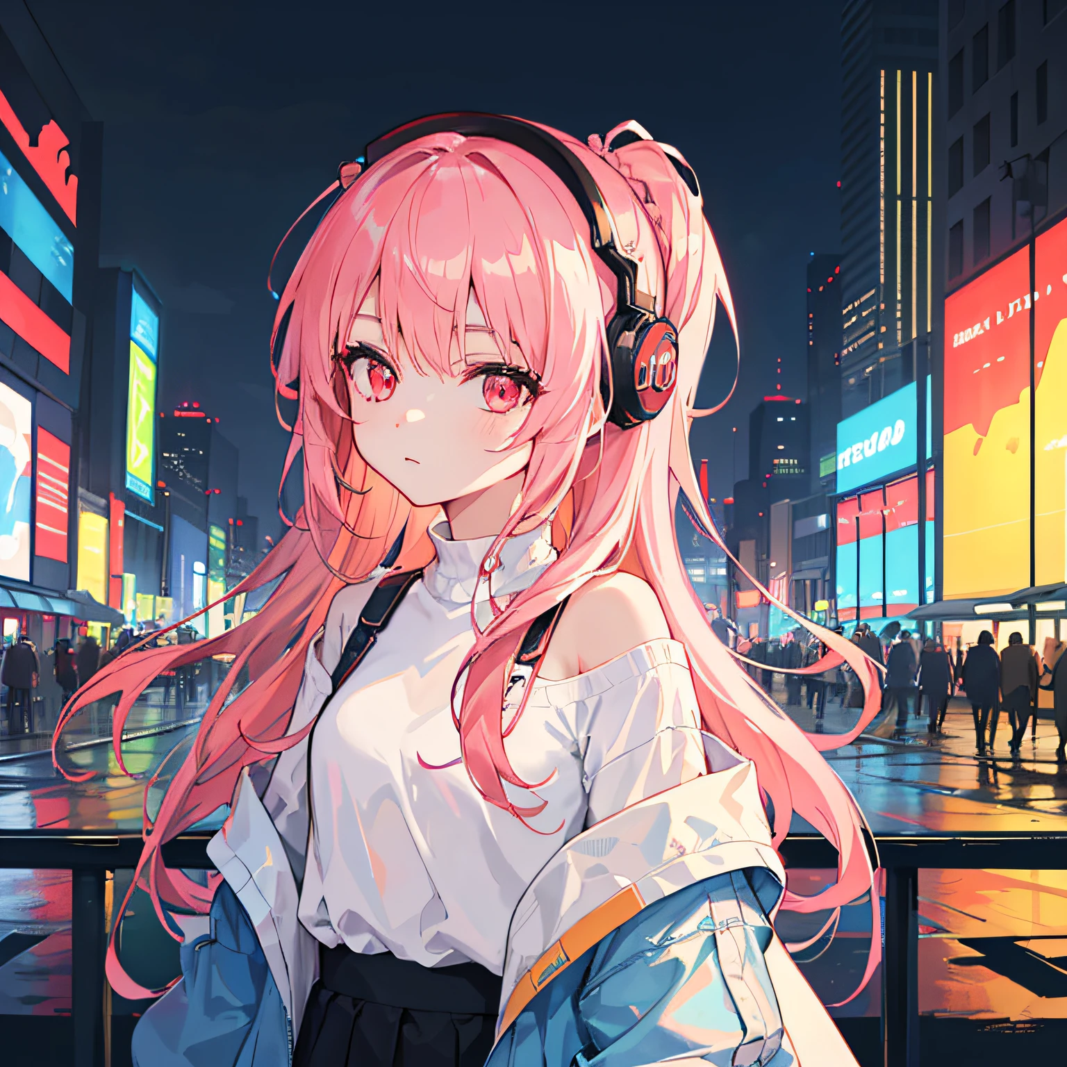 1girl, solo, loli, petite, (very_long_pink_hair), braids, (red_eyes), medium_breasts, (white_shirt:1.5), (windbreaker), (off_shoulder:1.2), (portrait), glowing_eyes, background_light, (cityscape:1.5), (neon_lights:1.2), (science), cyberpunk, ((masterpiece)), (highres), (best_quality), (highly_detailed), (original),(Delicate background),(extremely detailed 8K wallpaper),cinematic lighting, volume lighting, light particles, shaded_face, beautiful_detailed_eyes, depth_of_field, perspective,