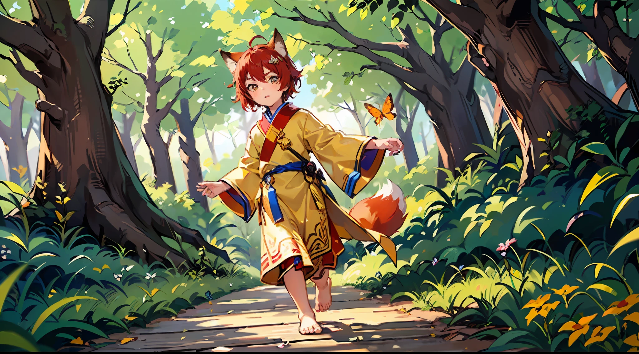 (Little boy with short red hair with golden eyes), (dressed in a golden and red fairy robe), (red fox ear tail), (handsome), (barefoot), (in the forest), (chasing butterflies)