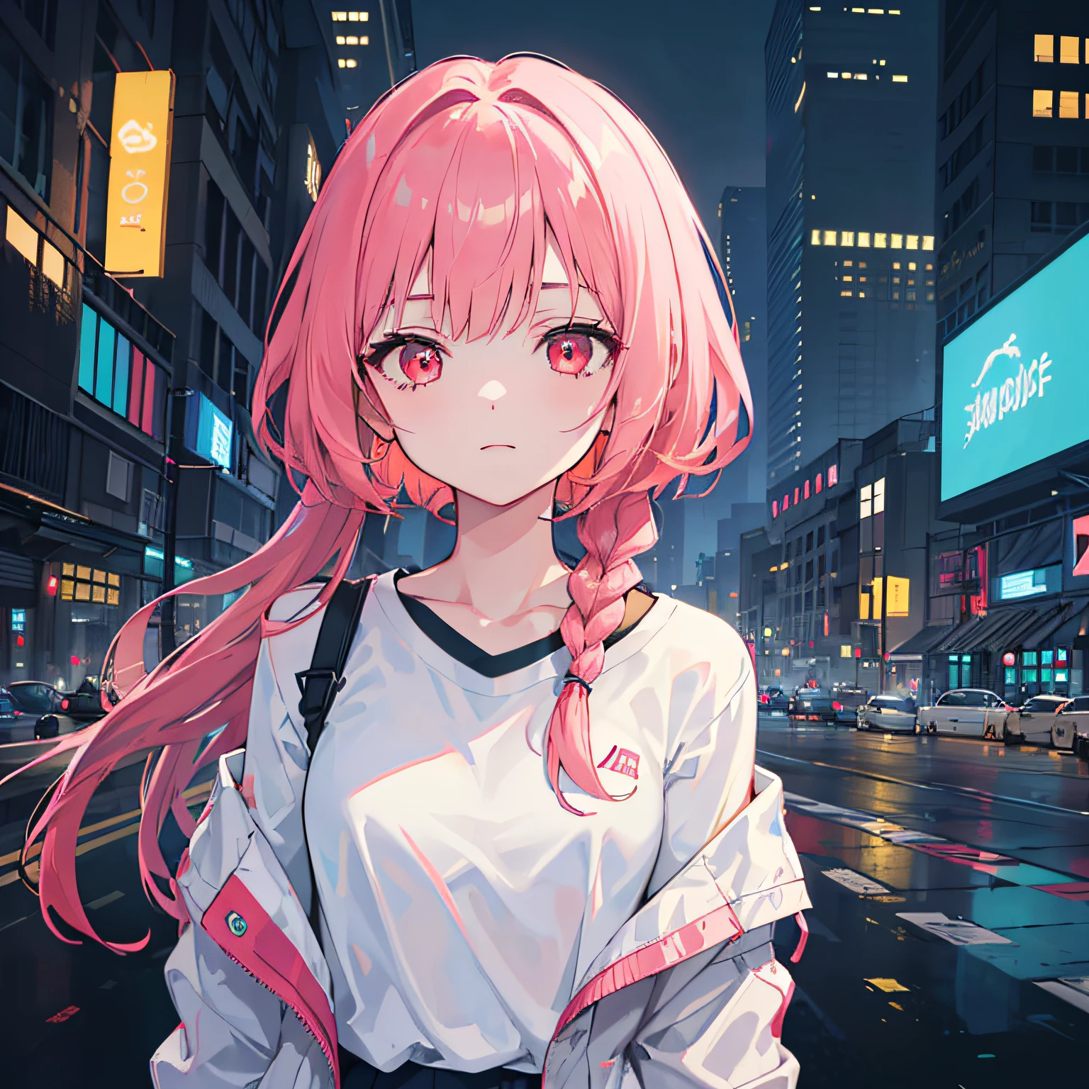 1girl, solo, loli, petite, (very_long_pink_hair), braids, (red_eyes), medium_breasts, (white_shirt:1.5), (windbreaker), (off_shoulder:1.2), (portrait), glowing_eyes, background_light, (cityscape:1.5), (neon_lights:1.2), (science), cyberpunk, ((masterpiece)), (highres), (best_quality), (highly_detailed), (original),(Delicate background),(extremely detailed 8K wallpaper),cinematic lighting, volume lighting, light particles, shaded_face, beautiful_detailed_eyes, depth_of_field, perspective,