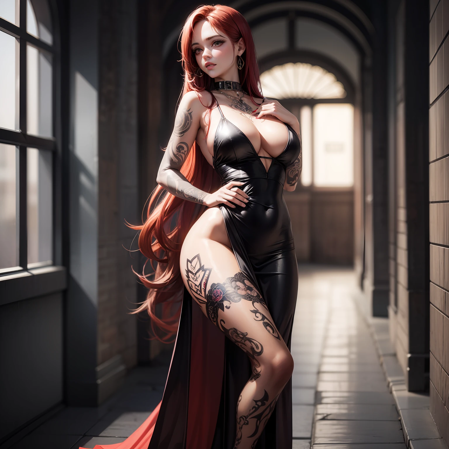 Beautiful sensual woman, sensual dress, all tattooed body, low-cut dress, sun lighting, long dress, red-haired woman