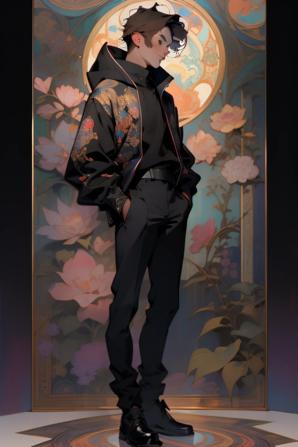 ((Best quality)), ((masterpiece)), (detailed: 1.4), (Absurd), (full body), a man, short brown hair, brown eyes, black blouse with hood and purple details, black jeans, by mucha, niji --V5, close to real, pastel, centered, scale to fit the dimensions