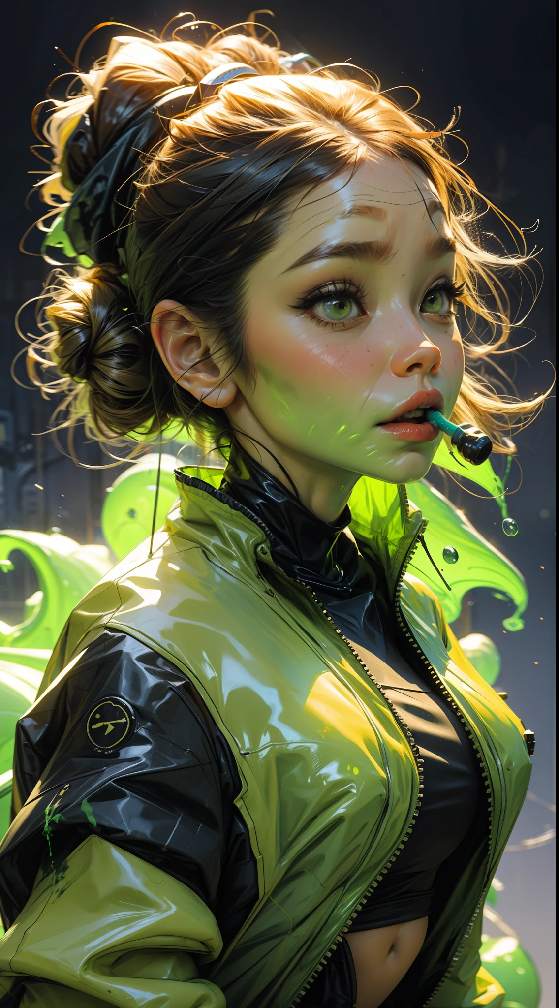 1bubblegum girl com slime melt techwear clothes,slime melt abstract forms background, green puke
