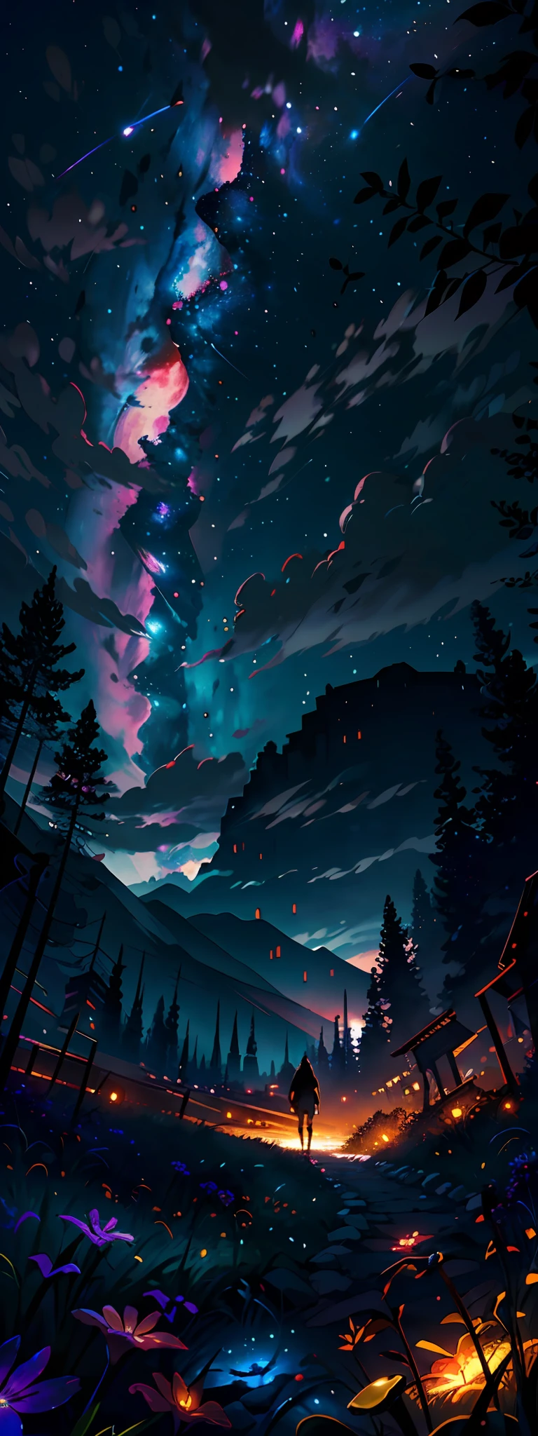 expansive landscape photograph , (a view from below that shows sky above and open field below), a girl standing on flower field looking up, (full moon:1.2), ( shooting stars:0.9), (nebula:1.3), distant mountain, tree BREAK
production art, (warm light source:1.2), (Firefly:1.2), lamp, lot of purple and orange, intricate details, volumetric lighting BREAK
(masterpiece:1.2), (best quality), 4k, ultra-detailed, (dynamic composition:1.4), highly detailed, colorful details,( iridescent colors:1.2), (glowing lighting, atmospheric lighting), dreamy, magical, (solo:1.2)
