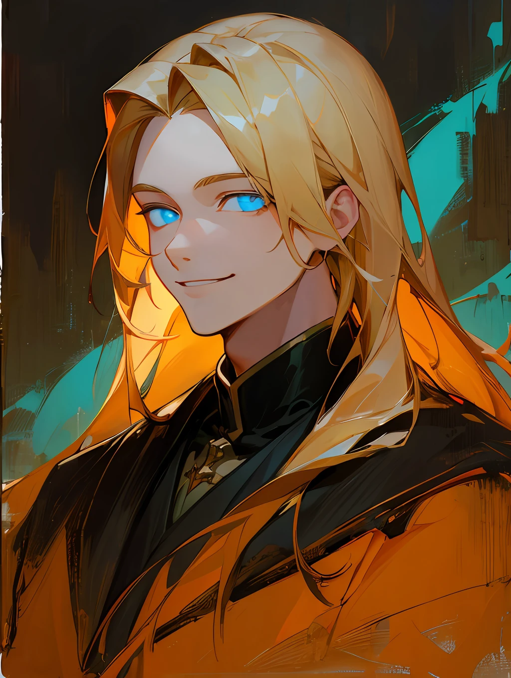 Single portrait, young man, smile, impression, (oil painting), green and orange tones, god, blonde hair, long hair, (glowing blue eyes)
