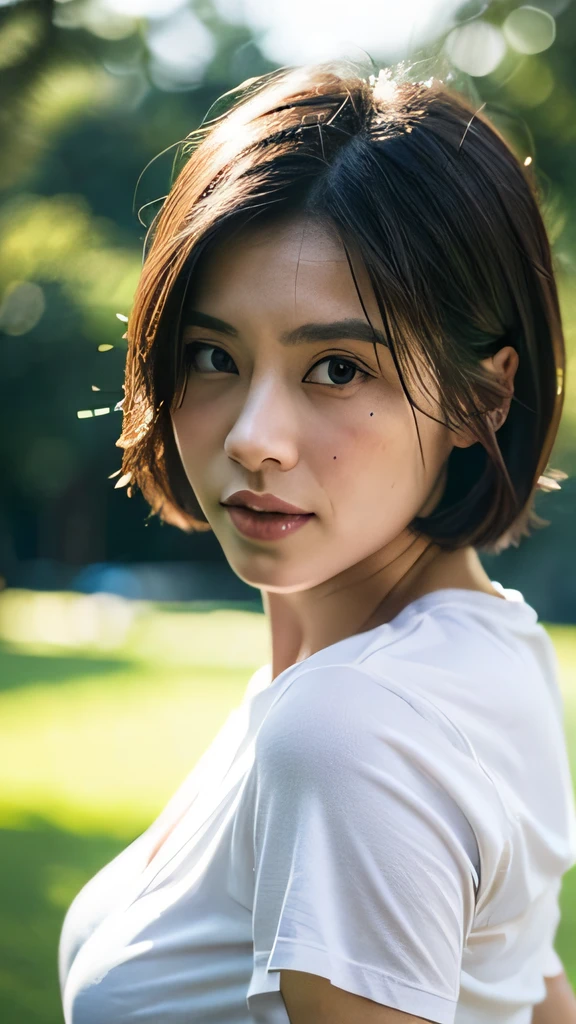 (( Realistic light, Best quality, 8k, Masterpiece :1.3)), 1girl, small mole under eyes, smile, closed eyes, small moles on the breast, Pretty woman with slender figure :1.4, abs :1.1, korean, pale-skin, (floatingwavy silk-brown hair, floating hair by wind, big_breasts :1), (deep_cleavage), white offshoulder shirt:1.2, long sleeves wet by wind, (sweaty skin:1.3), standing, night in the mountain, campfire light, Ultra-detailed face, Detailed eyes, Double eyelid, shiny skin, cowboy shot