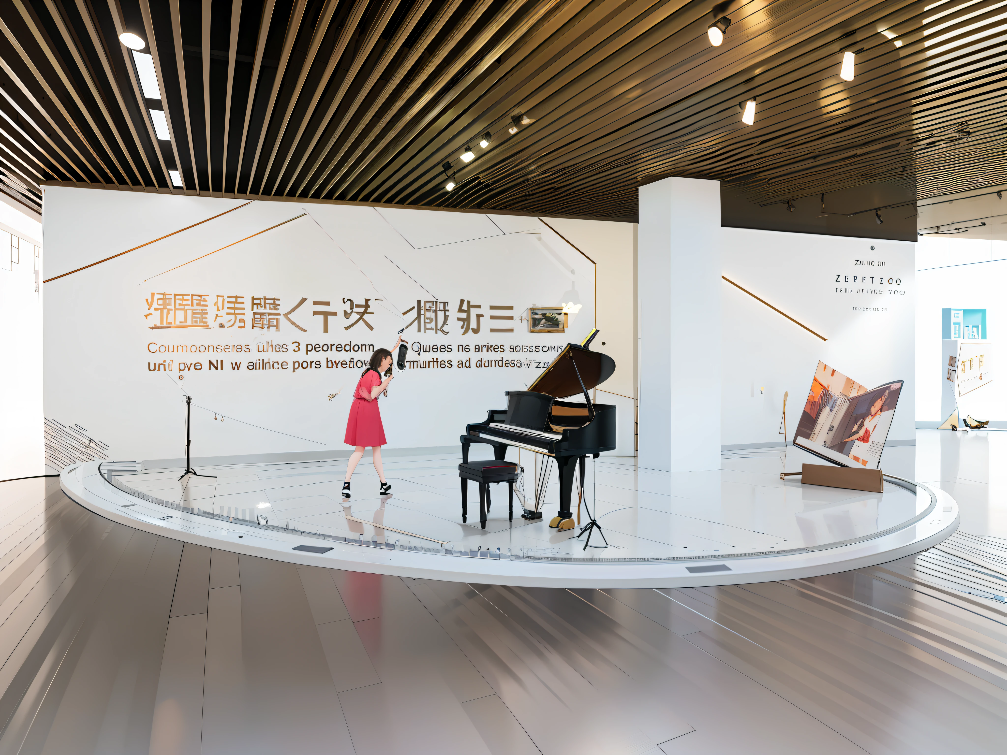 there is a cartoon of a woman playing a piano in a room, concert hall, show room scene, museum background, displayed in the exhibition hall, centre image, new musical instruments, photo render, exhibition, photograph of 3d ios room, museum exhibit, promotional artwork, promotional render, inspired by Zou Yigui, photographic render, inspired by Ni Yuanlu