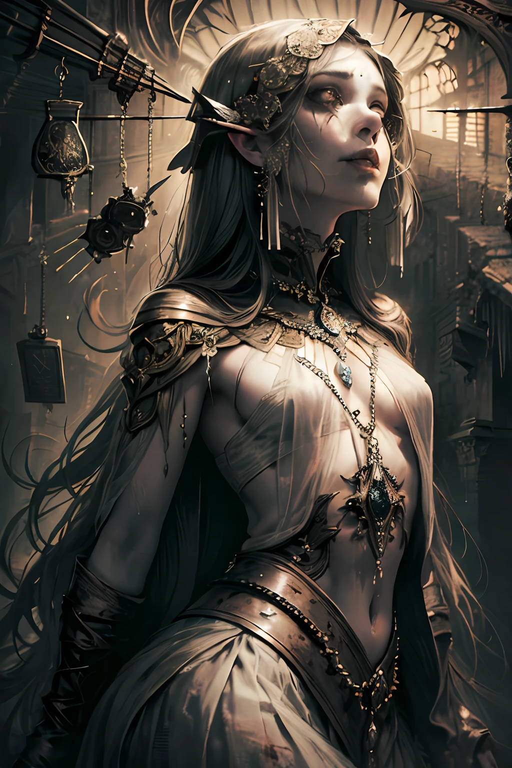 painting of a beautiful undead priestess, laying on flower field, full body, rotten, detailed blood, guts, meat :: amazing accent lighting :: mysterious, dark, highly detailed eyes, intricate and vibrant line work + Tarot Card + Trending on Artstation + Incredible gothic illustration + Exquisite detail