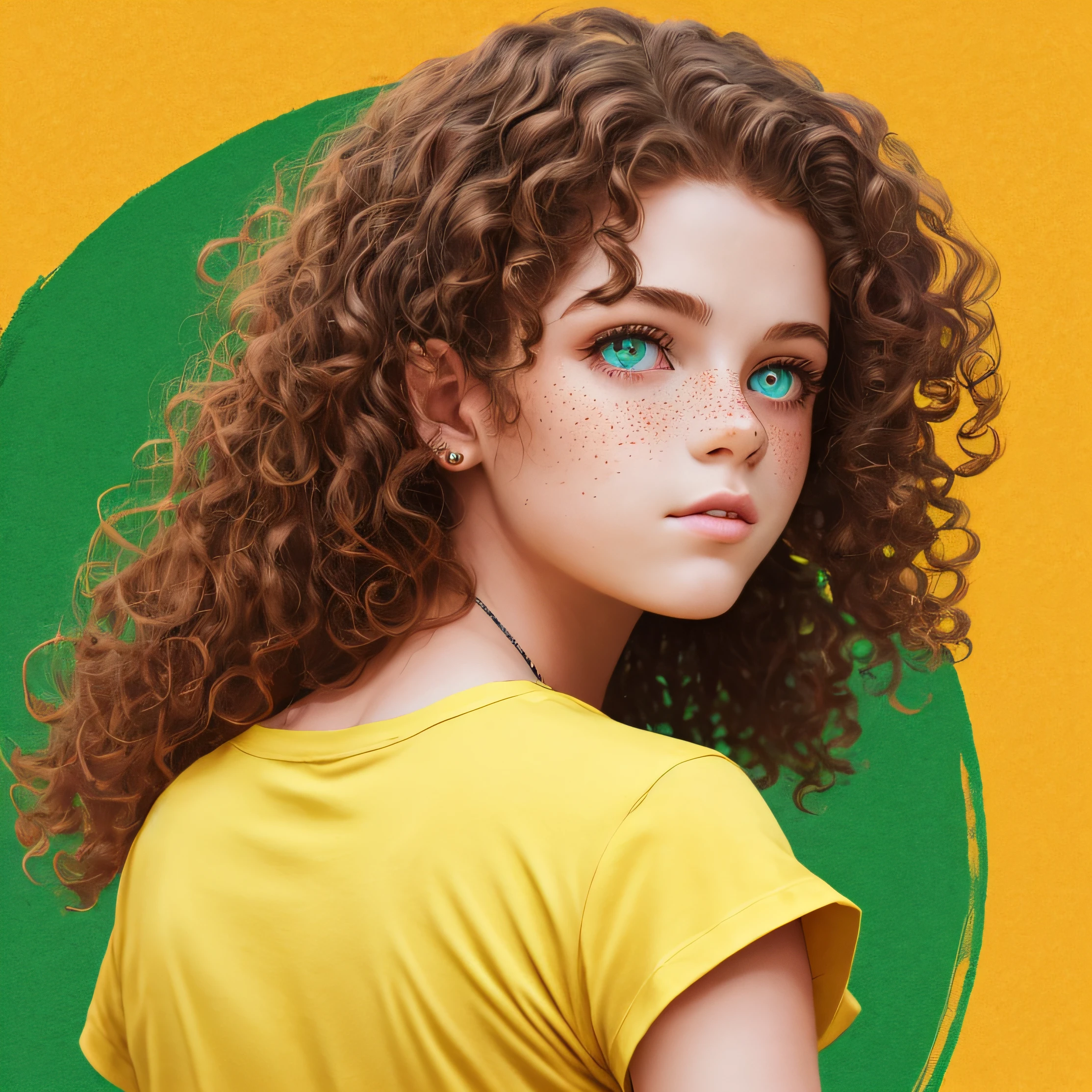 Realistic illustration of a  white girl with curly hair and red green eyes wearing a yellow T-shirt with freckles looking back --auto
