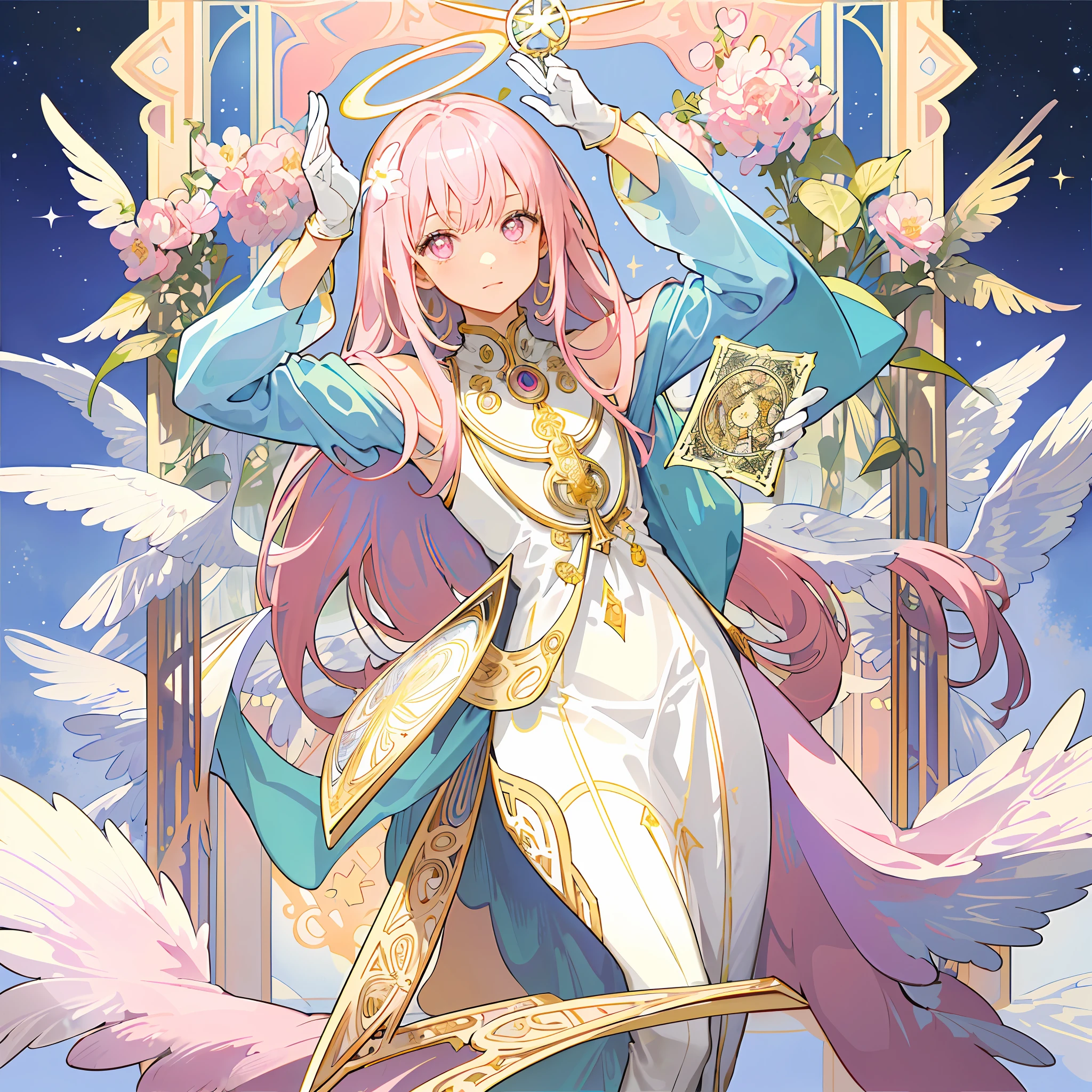 ((masterpiece,best quality)),(1girl, solo:1.4),beautiful detailed eyes, vivid, cinematic light, full_body, pink_flowers, (tarot_card), intricate, detailed background, looking_at_viewer, Madoka Kaname, hands reaching out, (flat chest), (walking), casual pose, posing, (white_gloves), (pink_eyes), white feathers, sparkles, glitter, celestial, outerspace, by alphonse mucha, (gold frame), halo, (tarot border)
