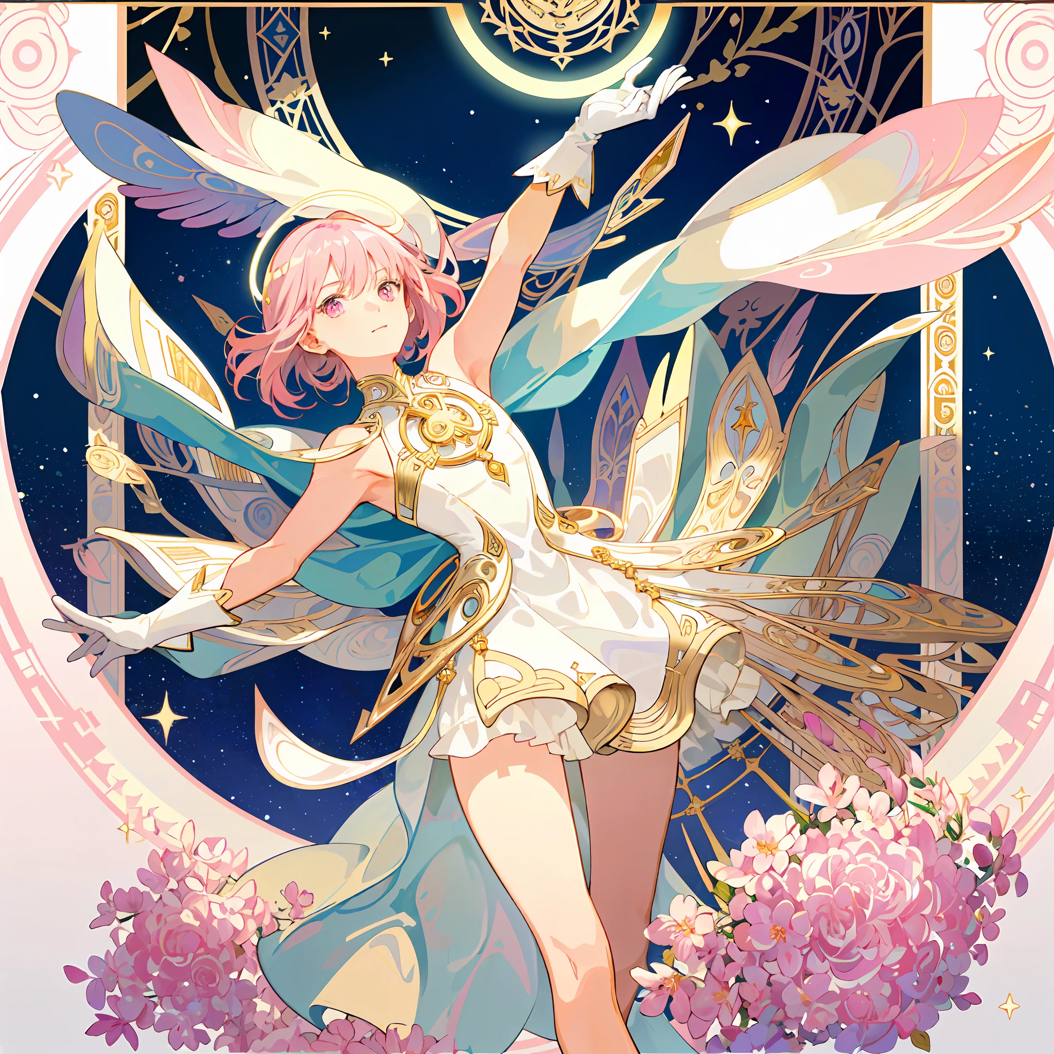 ((masterpiece,best quality)),(1girl, solo:1.4),beautiful detailed eyes, vivid, cinematic light, full_body, pink_flowers, (tarot_card), intricate, detailed background, looking_at_viewer, Madoka Kaname, hands reaching out, (flat chest), (walking), casual pose, posing, (white_gloves), (pink_eyes), white feathers, sparkles, glitter, celestial, outerspace, by alphonse mucha, (gold frame), halo, (tarot border)