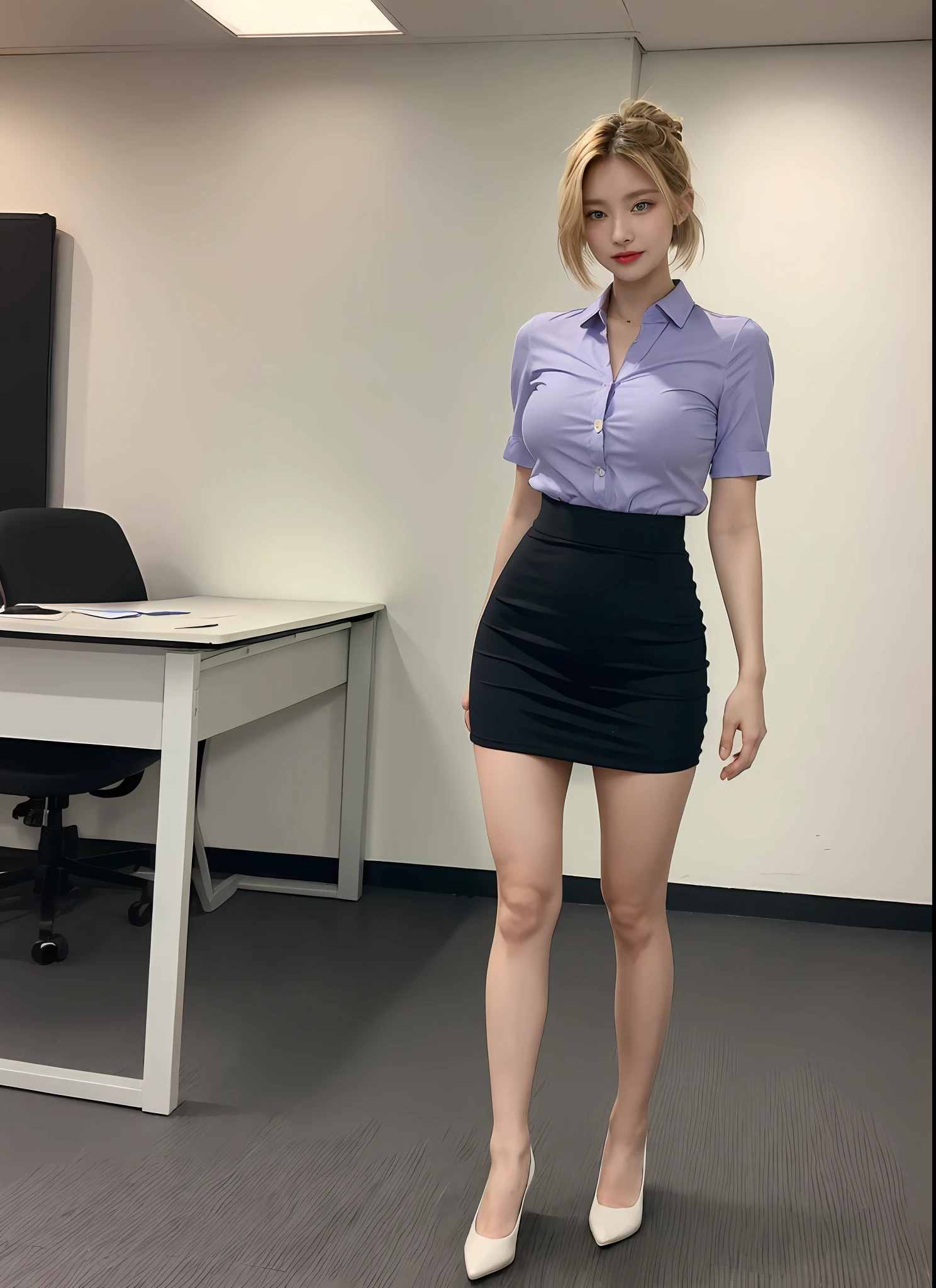 (masterpiece, best quality:1.3), 1girl, nice hands, big breasts, upper body, a full body shot, flirting, 18yo, beautiful hips, blond bun hair, blue eyes, front layers hairstyle, unbutton, black mini skirt, lavender short shirt, university, fair thigh, office, work
