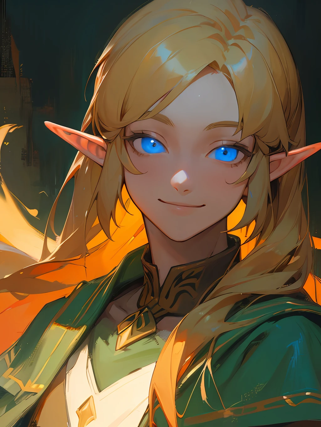 Single portrait, young man, smile, impression, (oil painting), green and orange tones, zelda style, elf ears, blond hair, long hair, (glowing blue eyes)