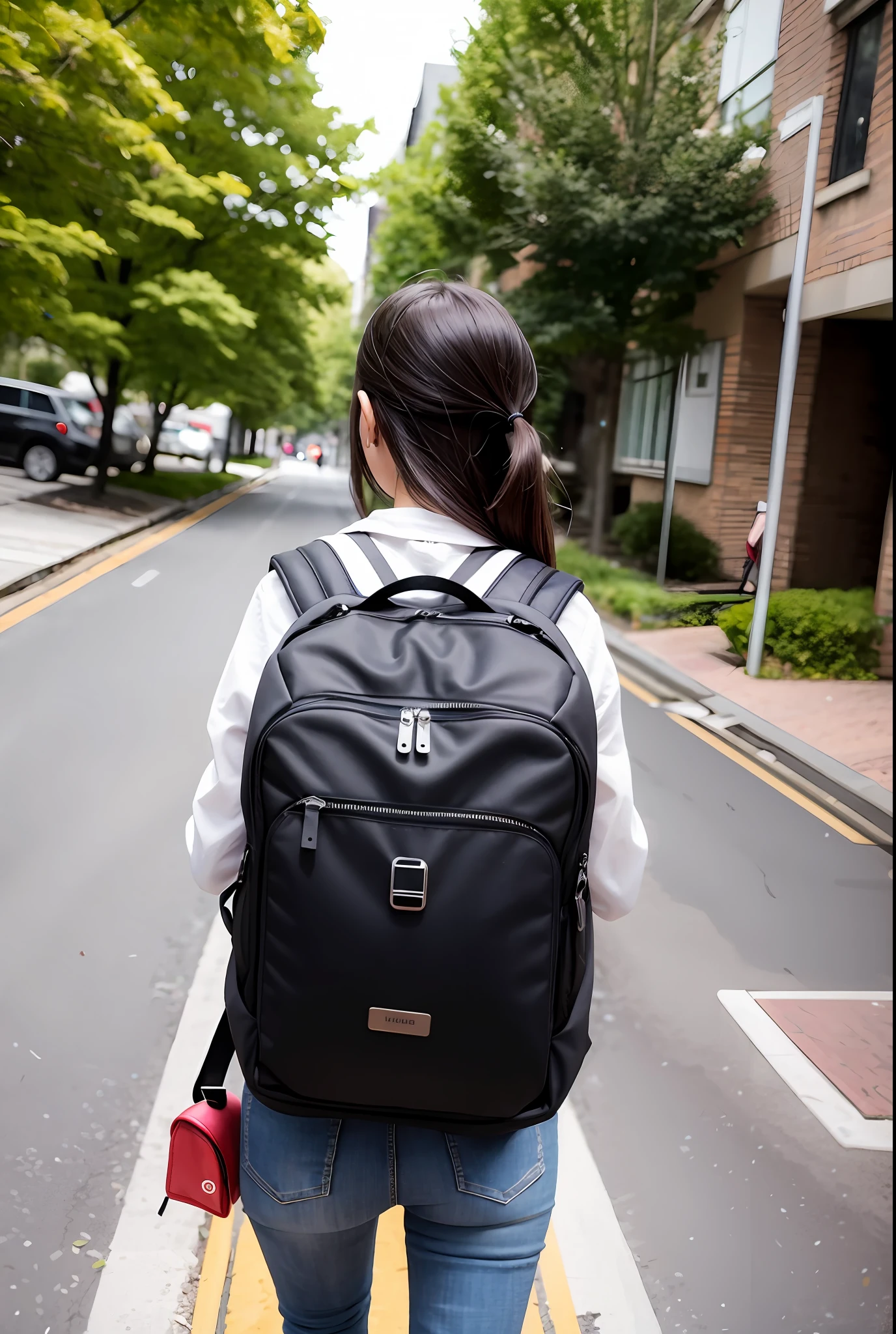 Woman walking a mysterious backpack on her back