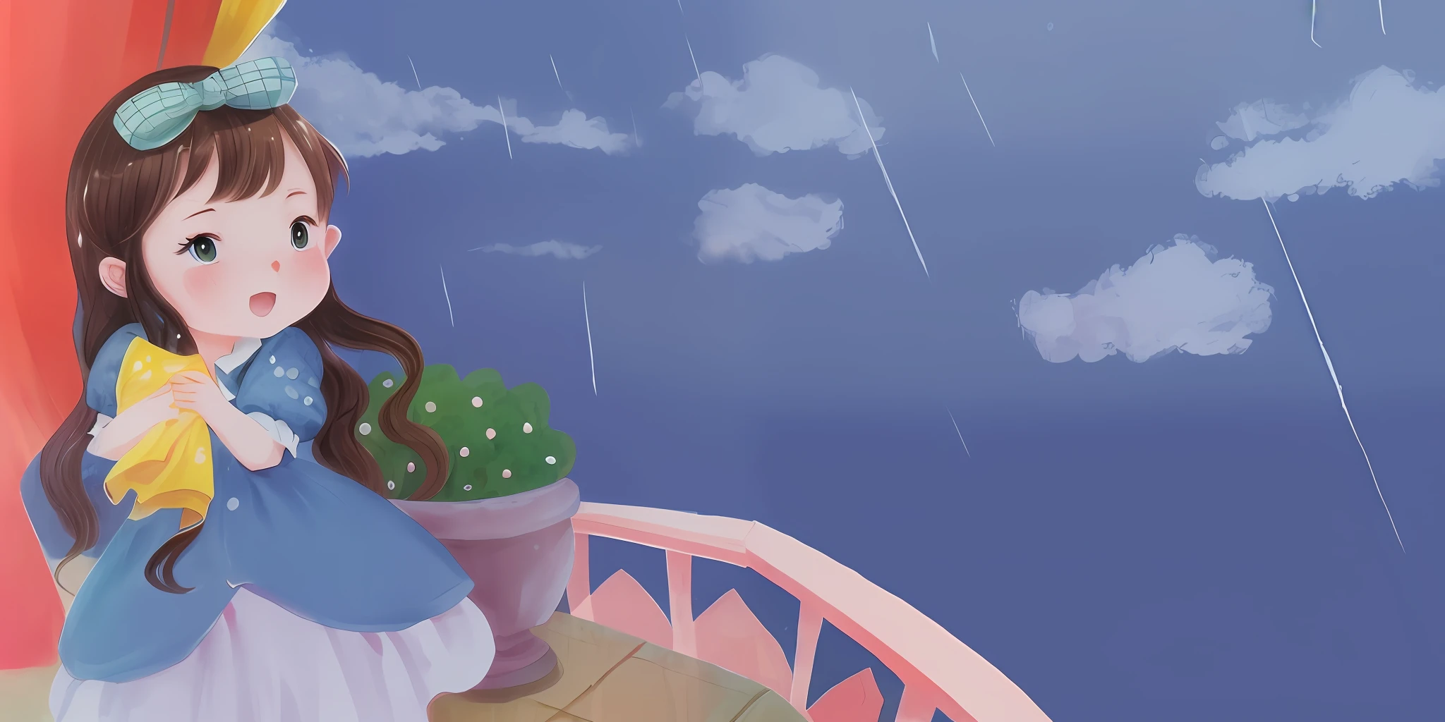 Anime girl holding a yellow handkerchief on balcony, blurry and dreamy illustration, rainy afternoon, dream illustration, rainy weather, when it rains, rainy outside, rainy day, mood painting, rainy day, cloudy day, rainy day outside, rainy day outside, rainy day outside window, rainy atmosphere, rainy mood, balcony scene