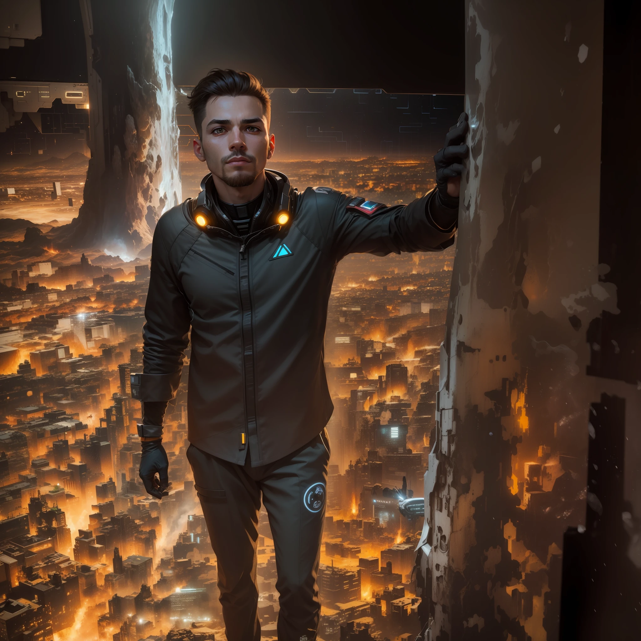 fking_scifi, award-winning photo of a man, black flight suit with yellow accents, brown hair, (gray eyes:1.35), square jawline, asymmetric face, standing in front of a window on a space ship, 80mm, bokeh, mass effect, close up, fking_cinema_v2